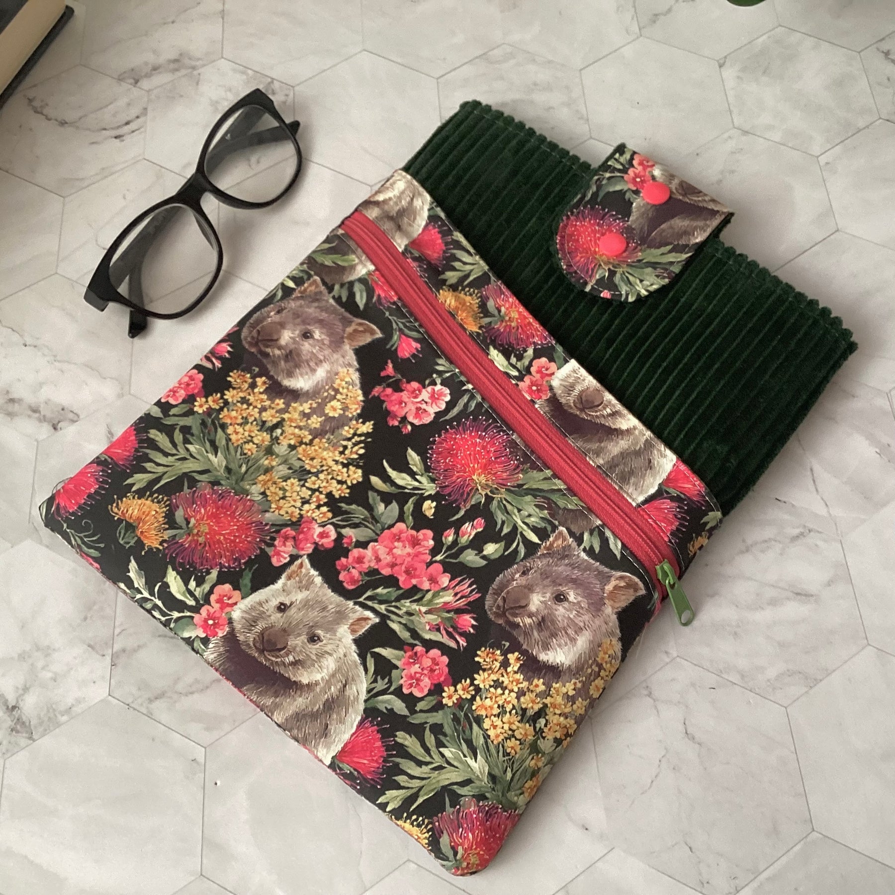 Australian wombats book sleeve with 2 pockets. iPad, tablet pouch