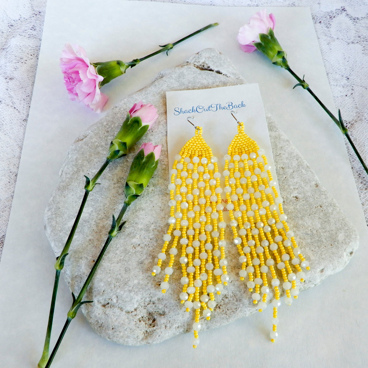 Yellow & White Beaded Fringe Earrings