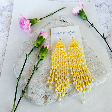 Yellow & White Beaded Fringe Earrings