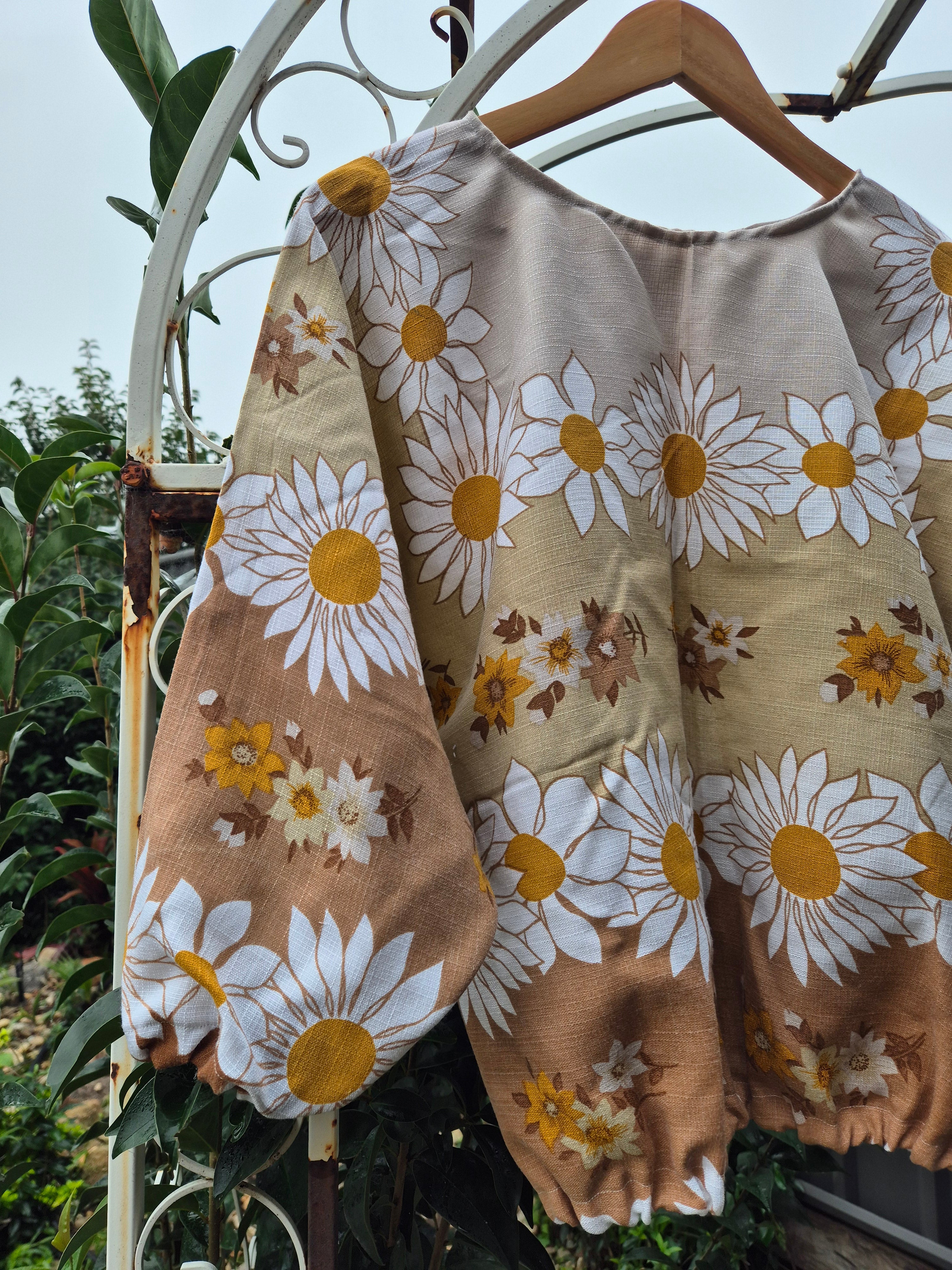 Upcycled Vintage Tablecloth top. Bronze floral design