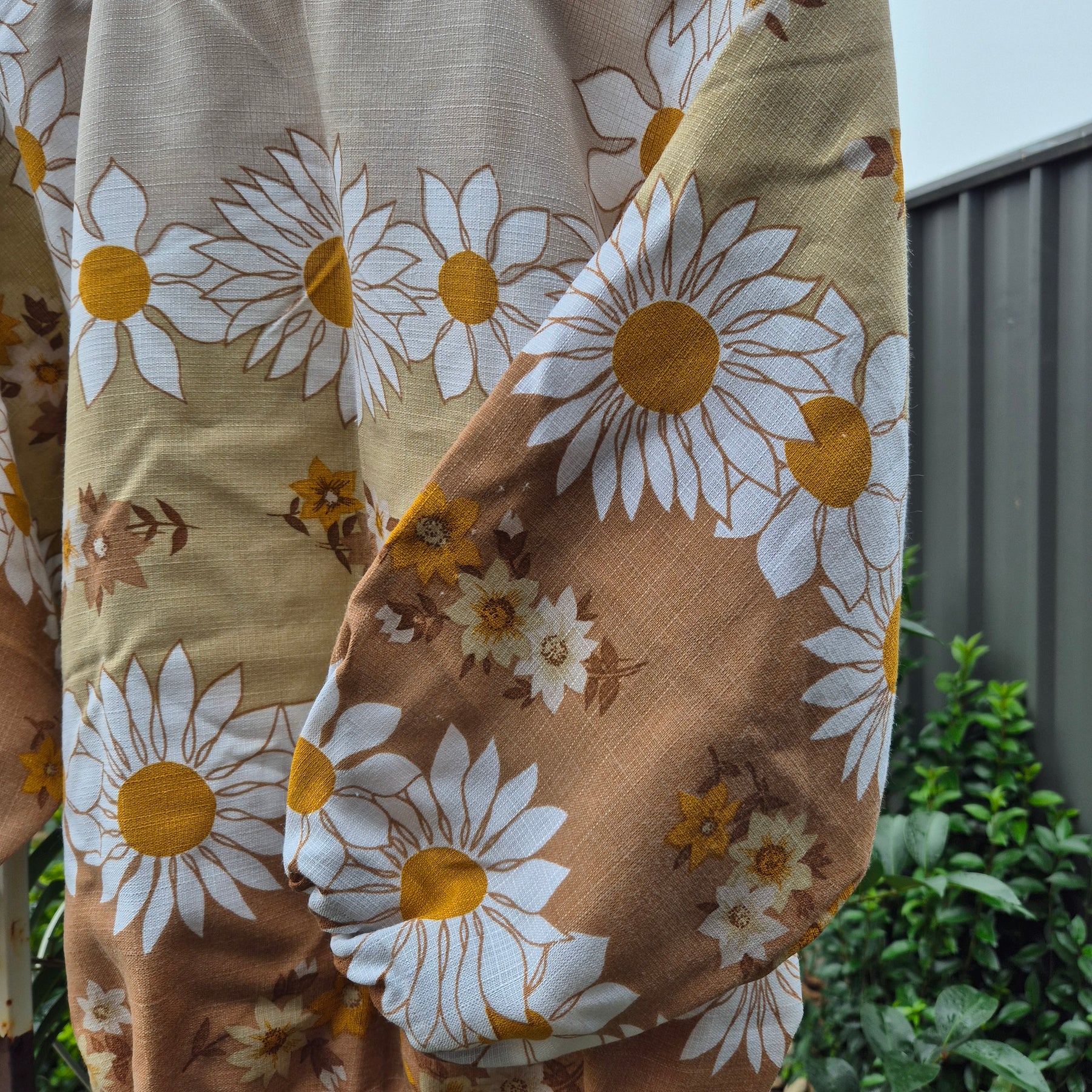Upcycled Vintage Tablecloth top. Bronze floral design