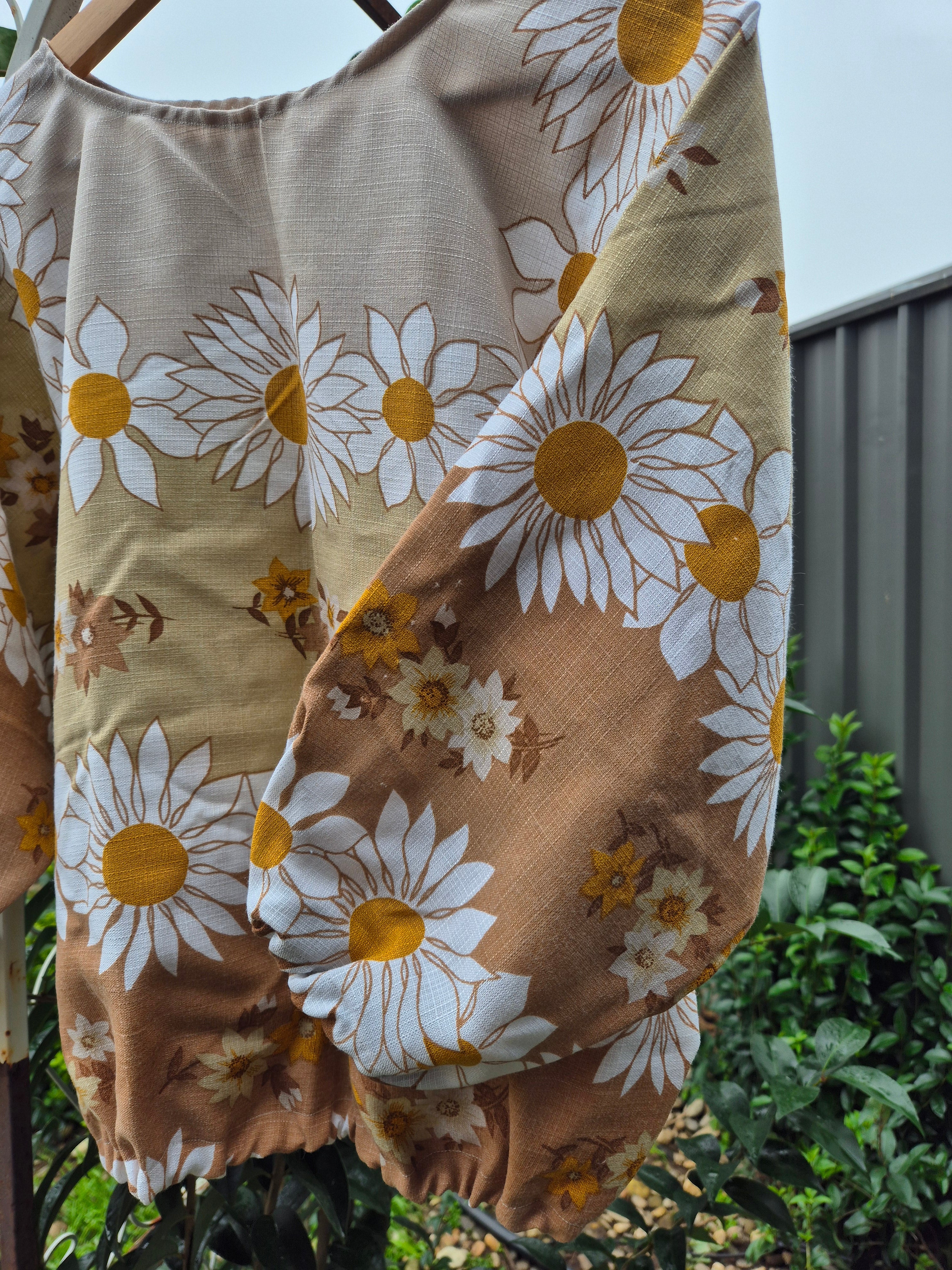 Upcycled Vintage Tablecloth top. Bronze floral design