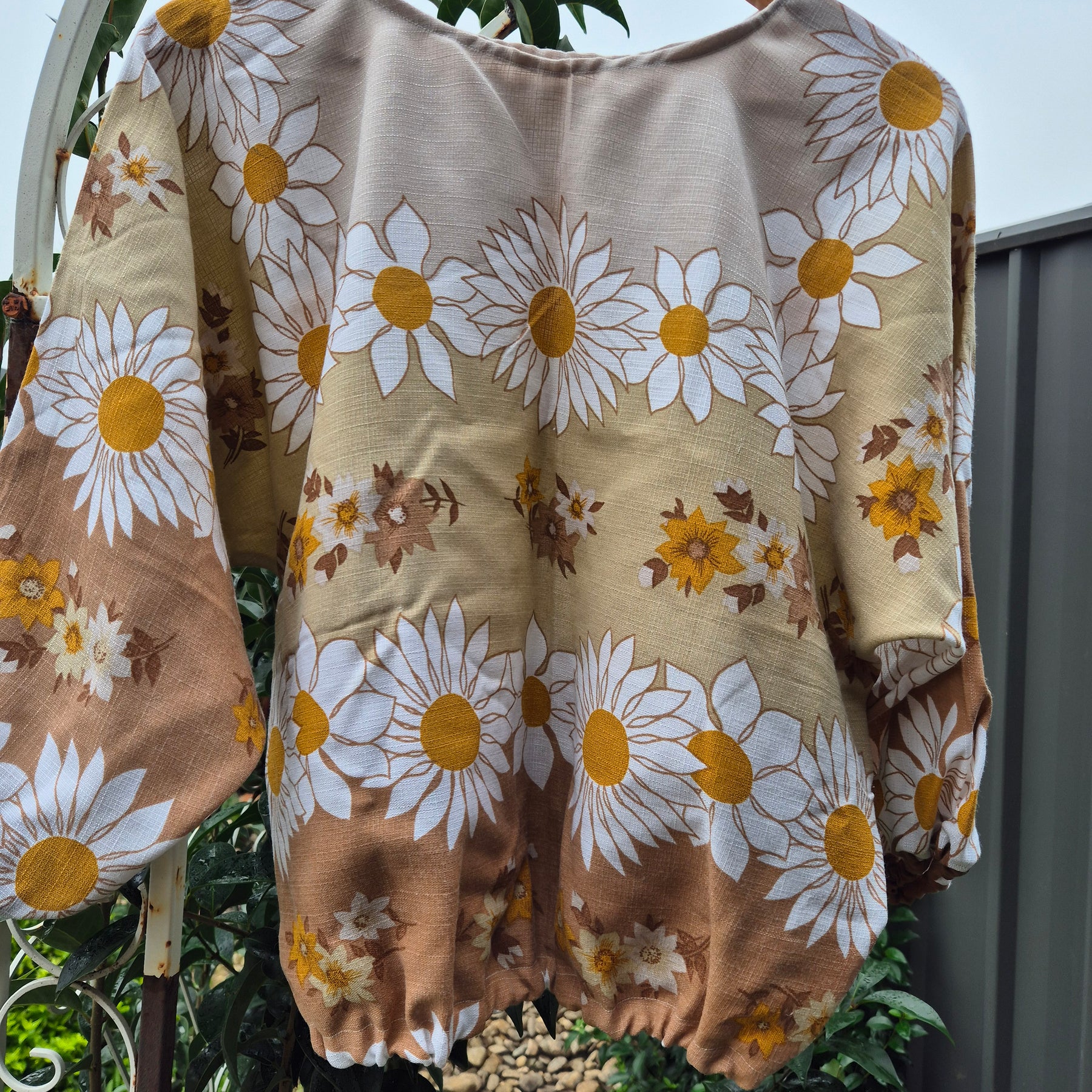 Upcycled Vintage Tablecloth top. Bronze floral design