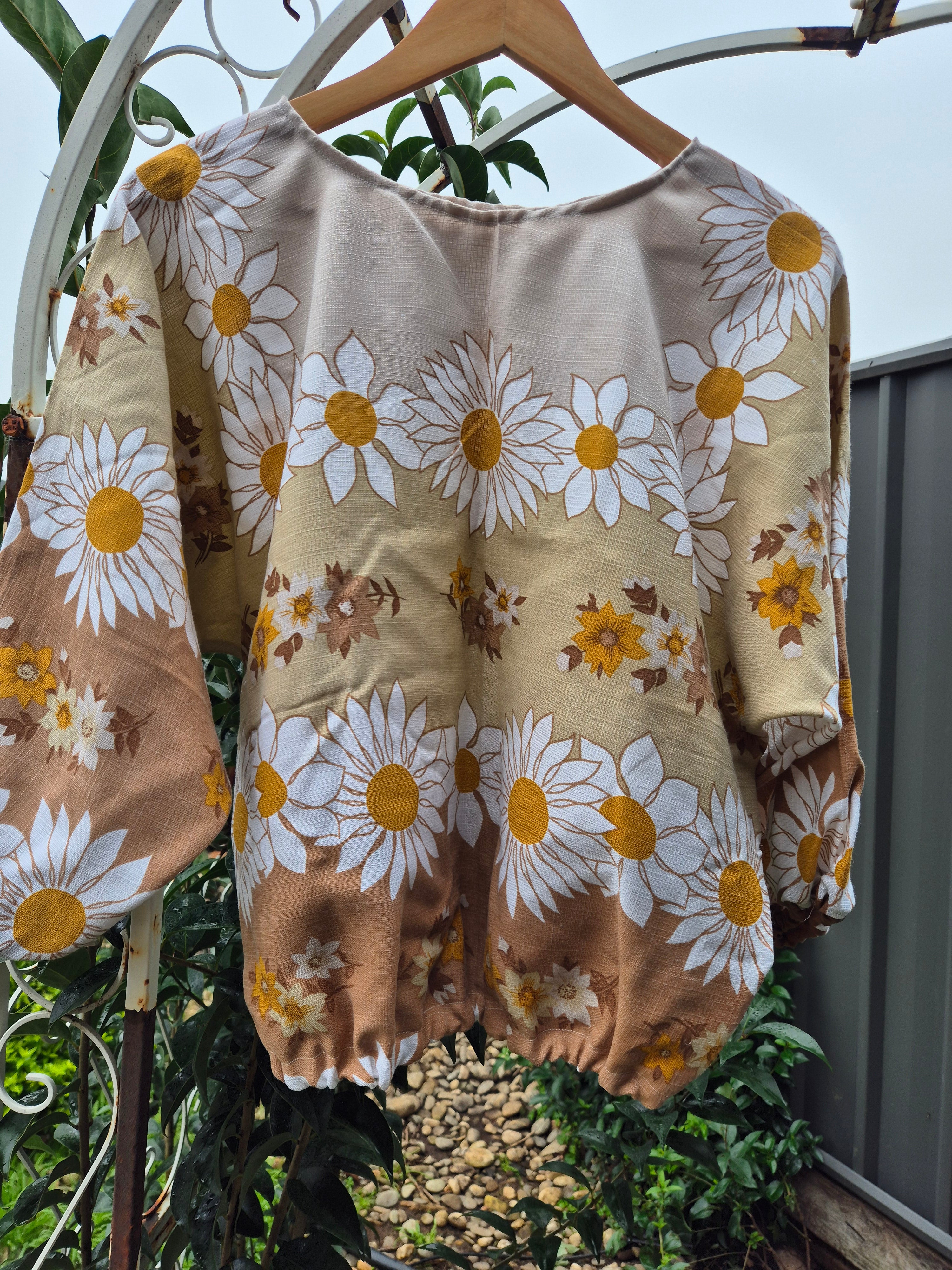 Upcycled Vintage Tablecloth top. Bronze floral design
