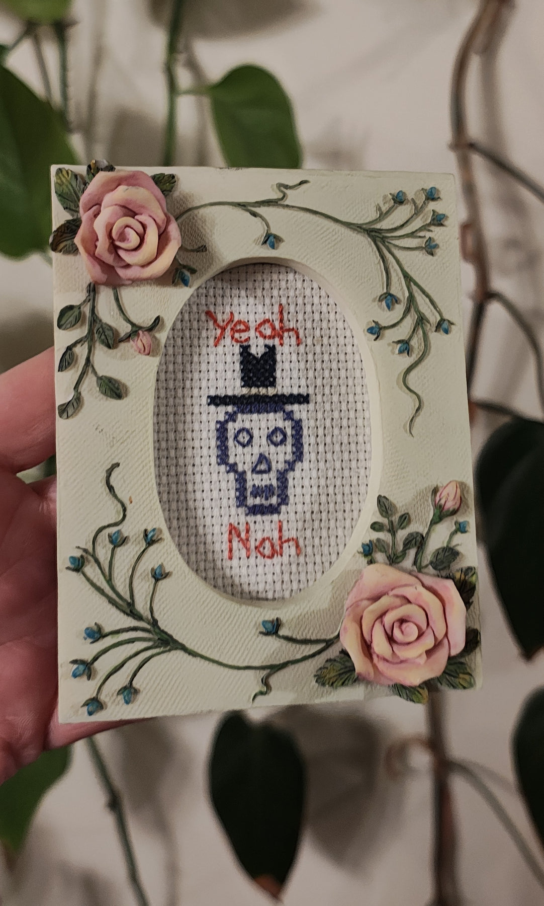 "Yeah, Nah" framed cross-stitch