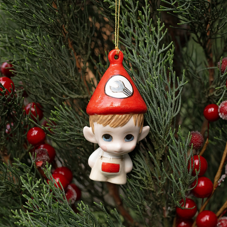 Handmade Porcelain Christmas ornament. One-of-a-kind. Henry, the Mechanical Engineer Elf.