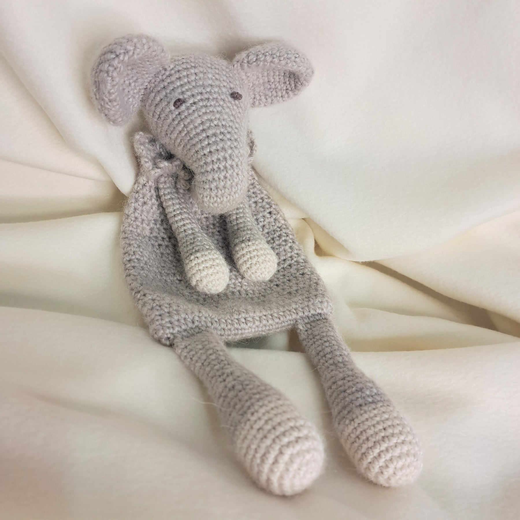 Handmade crochet elephant snuggler, Australian wool, alpaca,silk