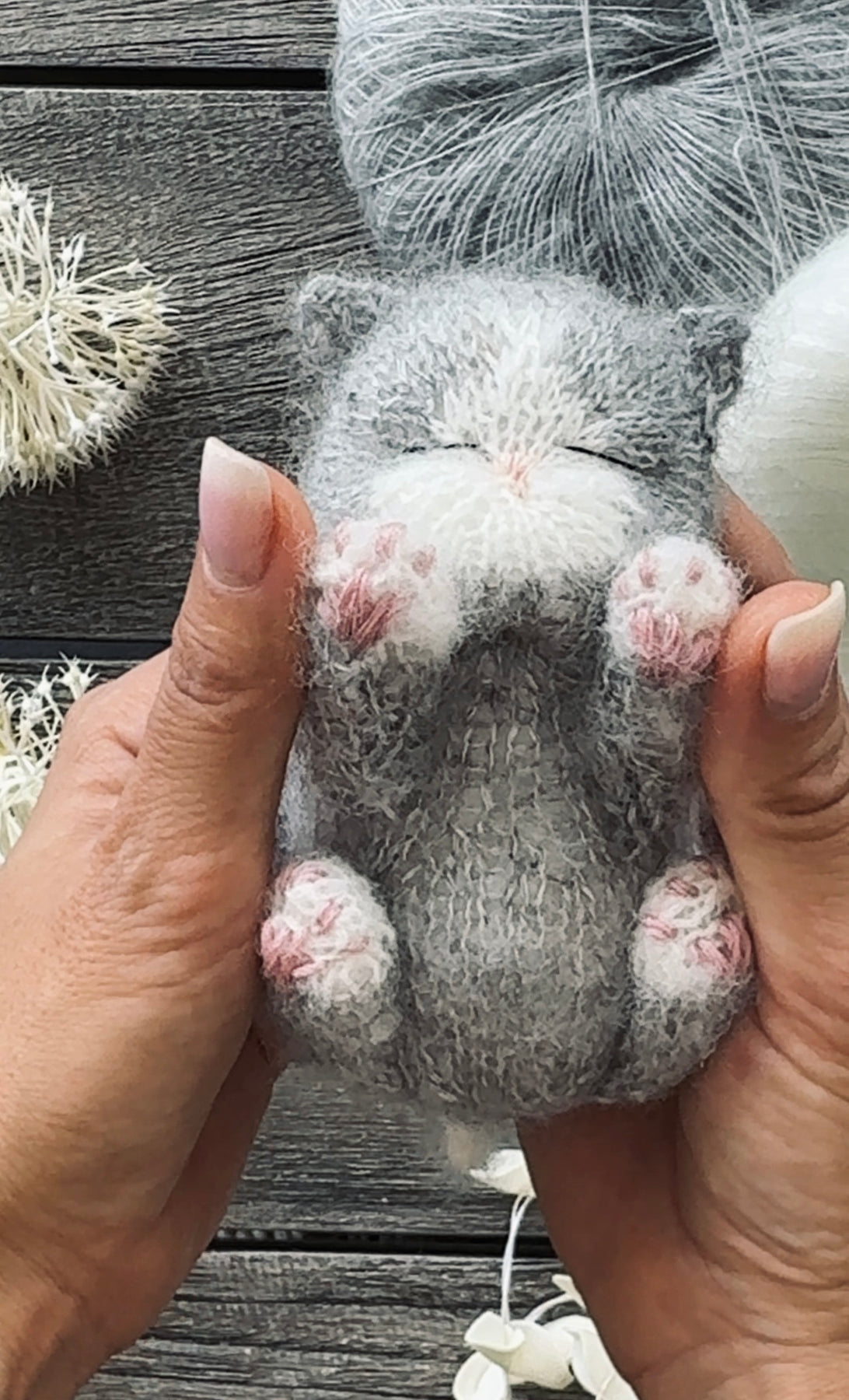 Handmade Gray & White Knitted Sleeping Kitty Toy