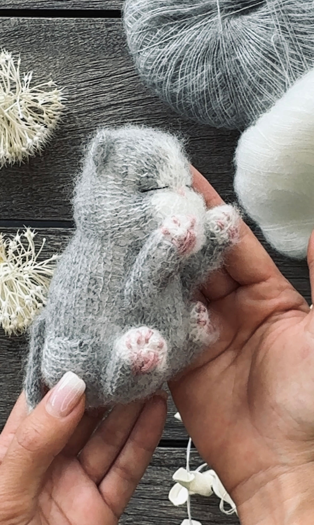 Handmade Gray & White Knitted Sleeping Kitty Toy