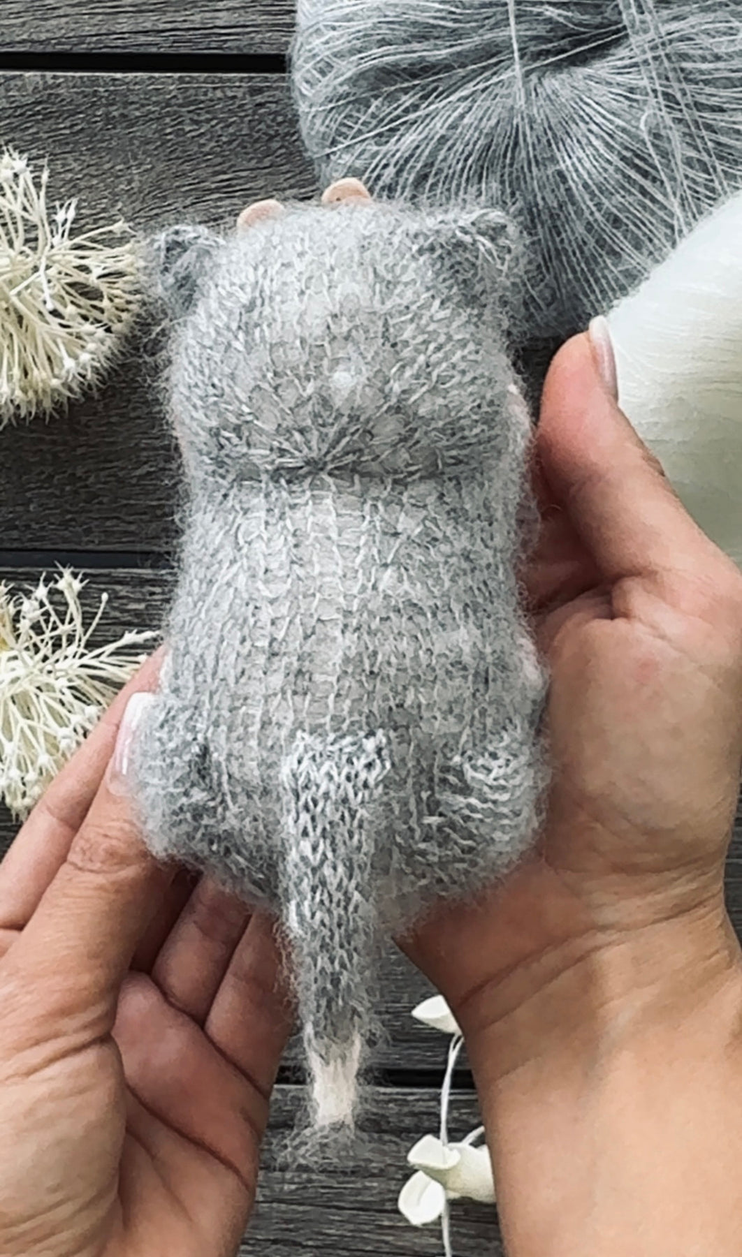 Handmade Gray & White Knitted Sleeping Kitty Toy