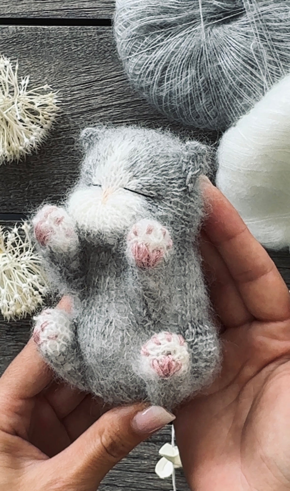 Handmade Gray & White Knitted Sleeping Kitty Toy