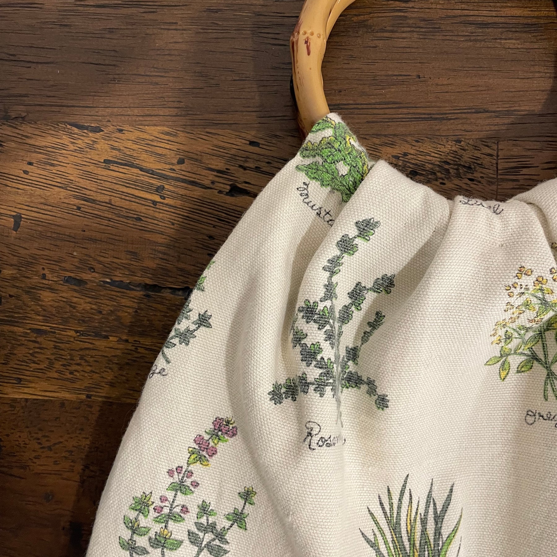 Boho Herb Granny Bag – Reclaimed Napkin Fabric Handbag, Grey Lining