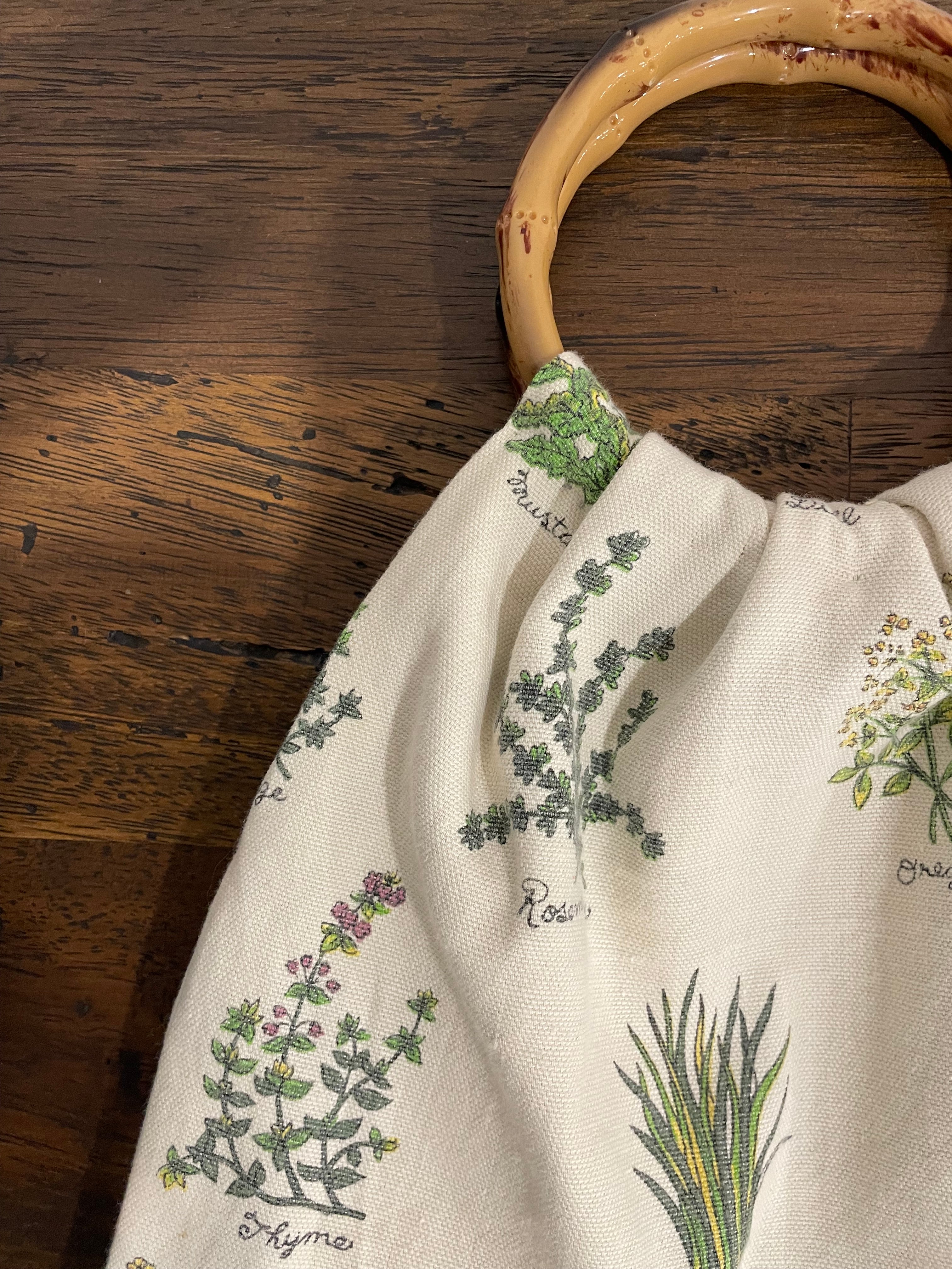Boho Herb Granny Bag – Reclaimed Napkin Fabric Handbag, Grey Lining