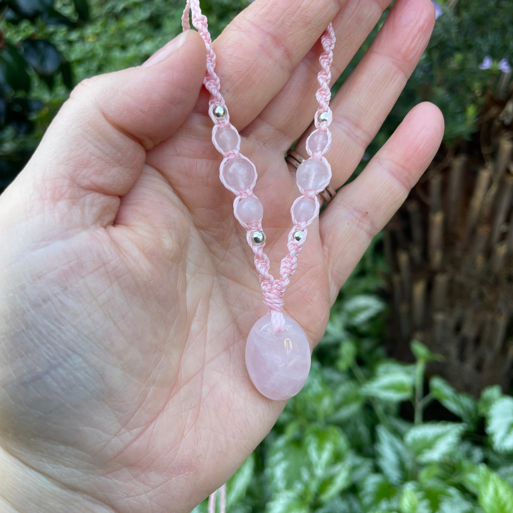 Rose Quartz Pendant, oval shape, beaded necklace adjustable