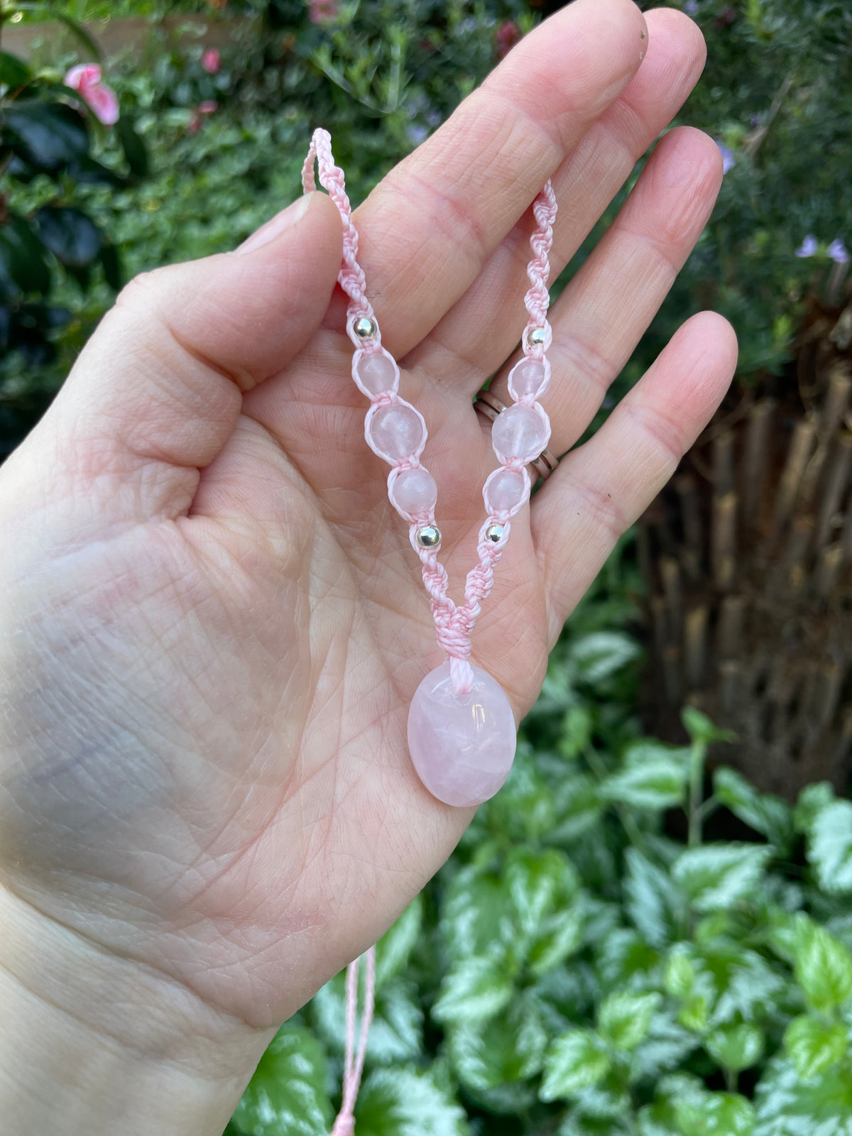 Rose Quartz Pendant, oval shape, beaded necklace adjustable