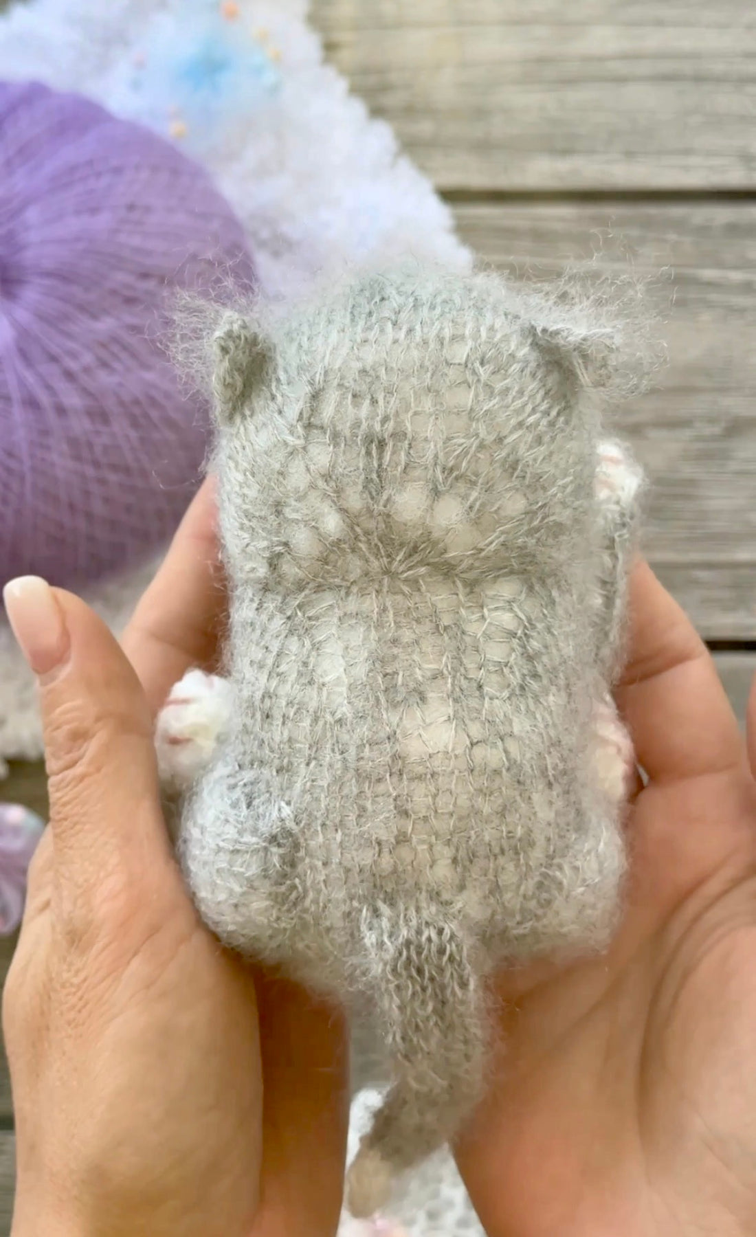Handmade Grey and White Knitted Sleeping Kitty Toy in The Purple Bunny Hat and Blanket