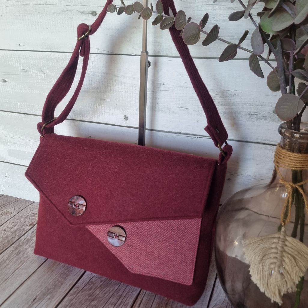 Upcycled assymetrical crossbody messenger bag - burgundy wool