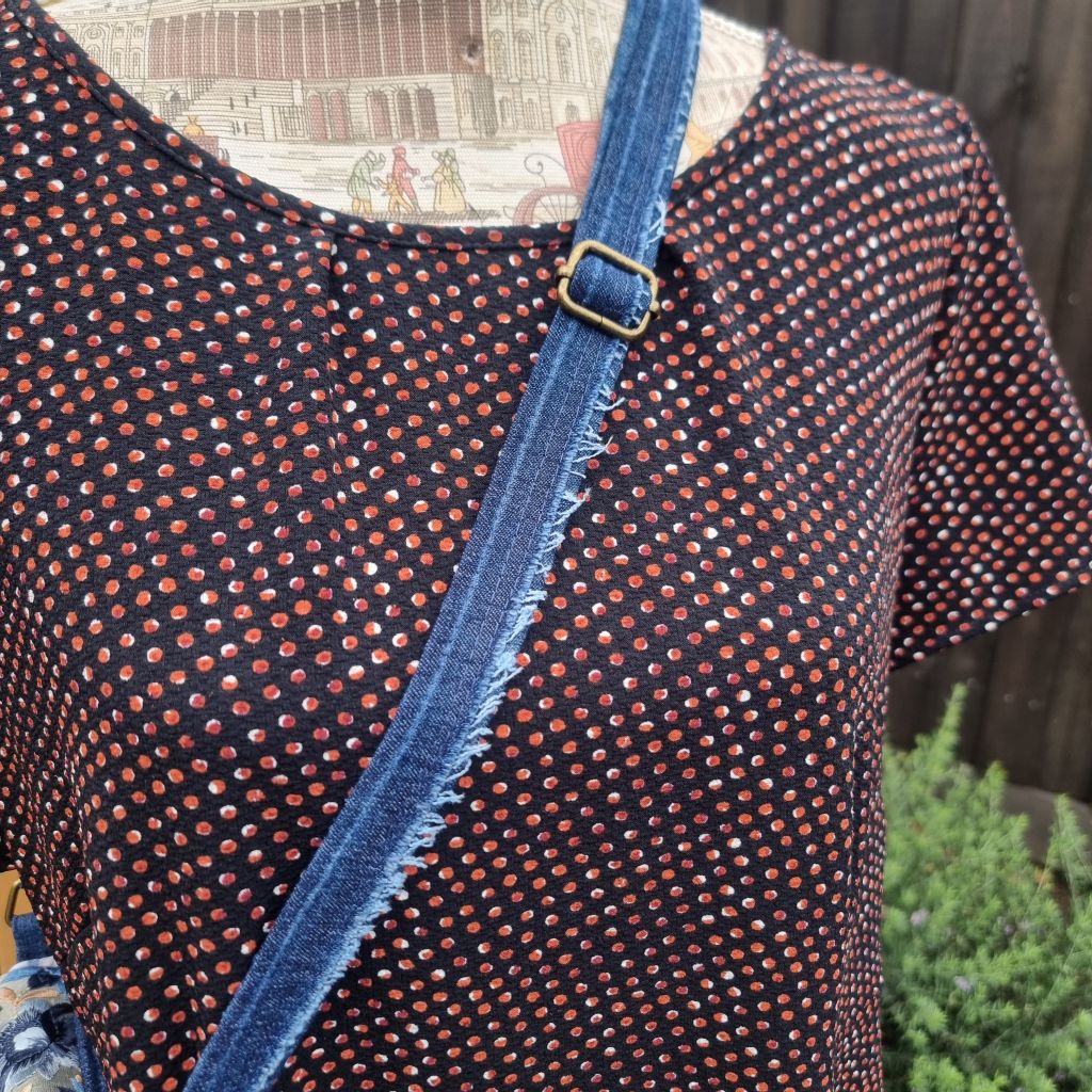 Upcycled small messenger bag - denim & sari border
