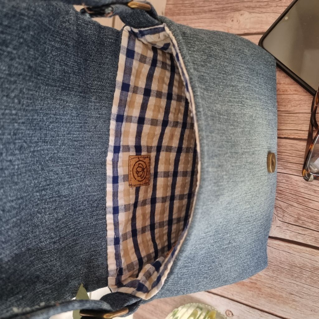 Upcycled small messenger bag - denim & sari border