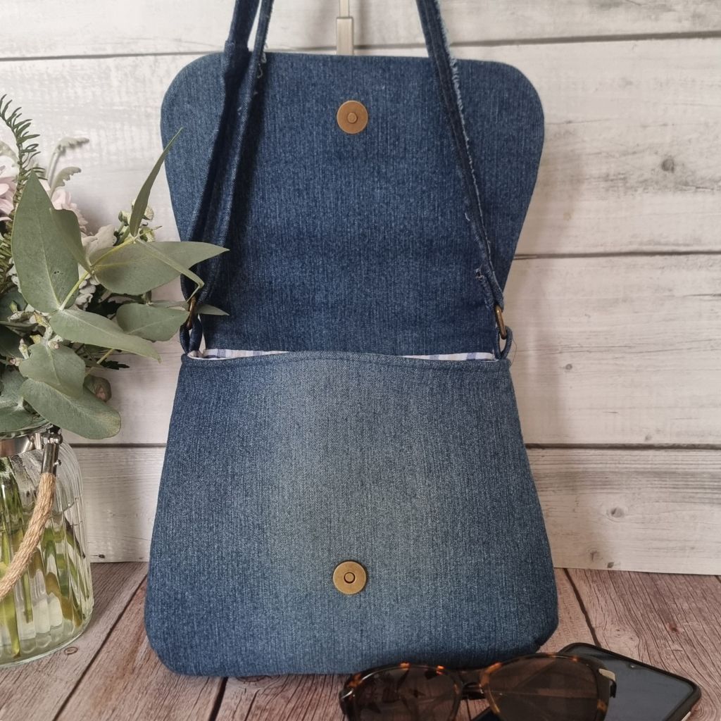Upcycled small messenger bag - denim & sari border