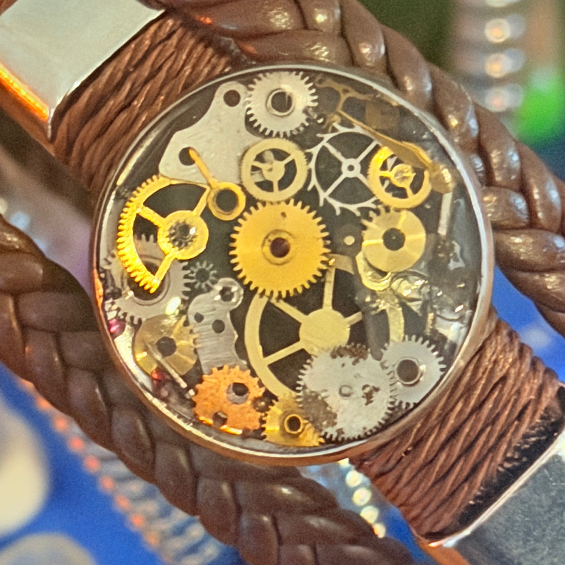 Steampunk watch parts cuff/bracelet brown leather