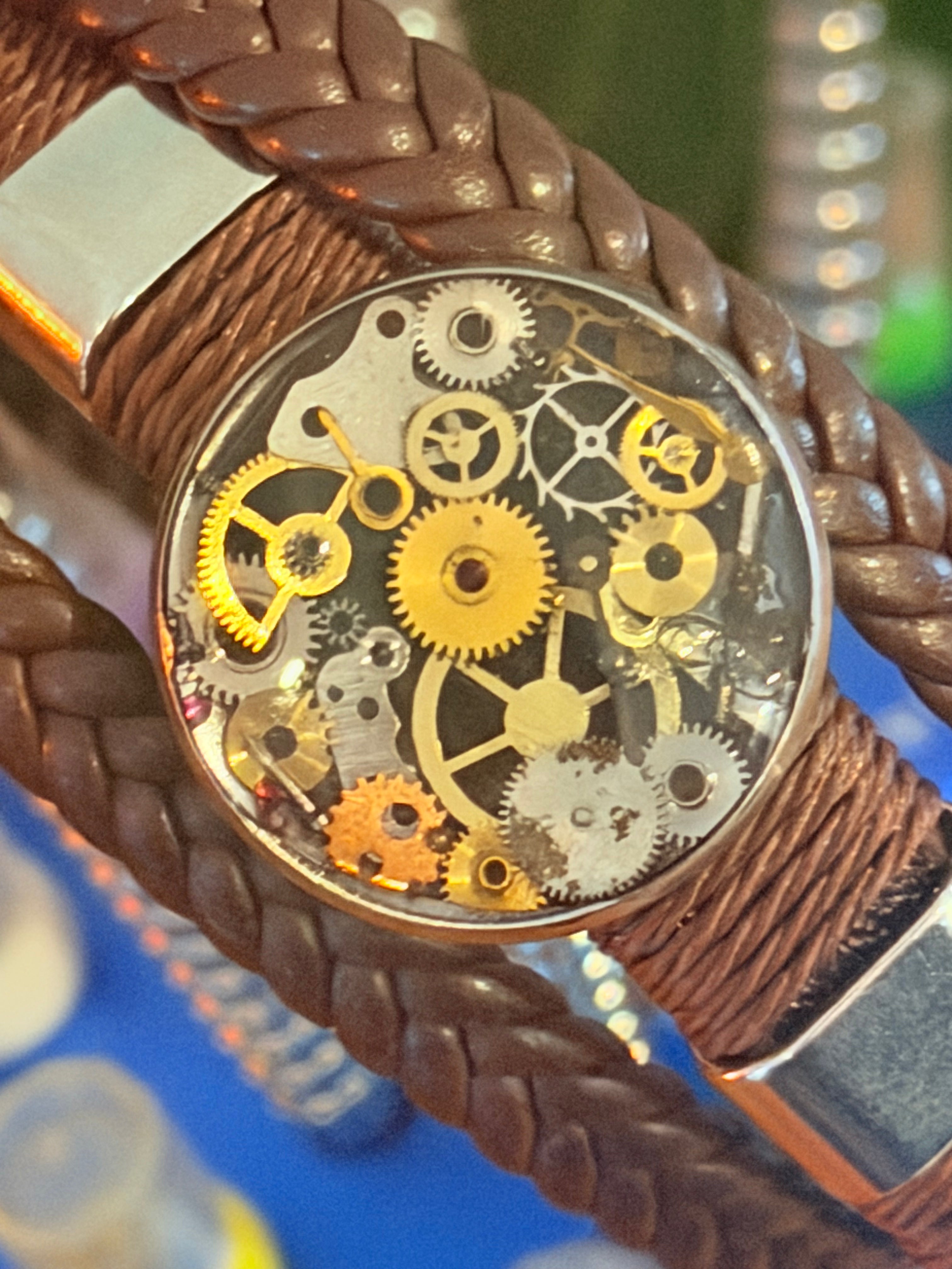 Steampunk watch parts cuff/bracelet brown leather