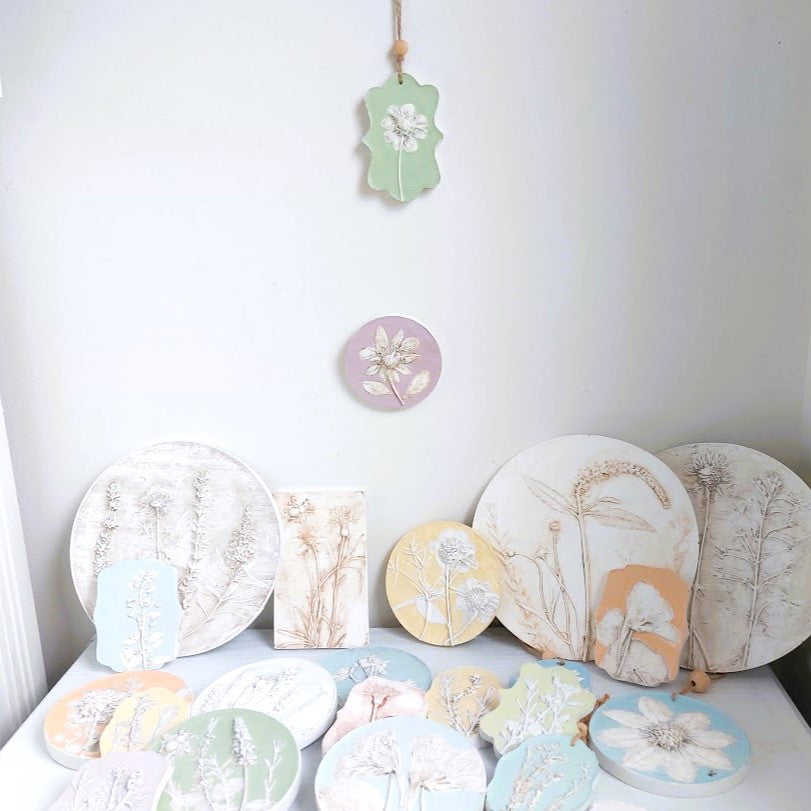 Hand-pressed botanical Wall Art | Floral Bas-Relief Plaster Plaque