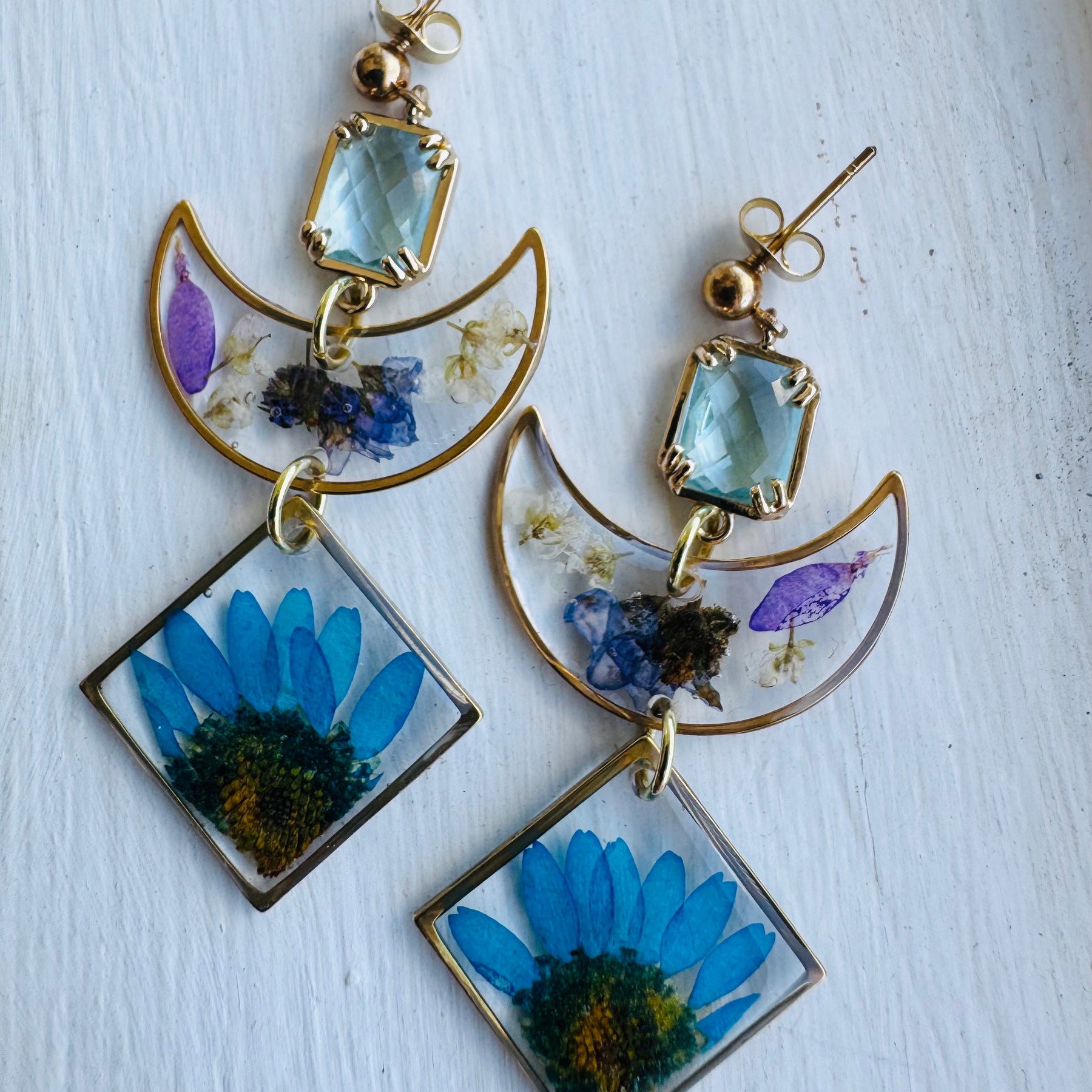 Blue moon floral resin earrings
