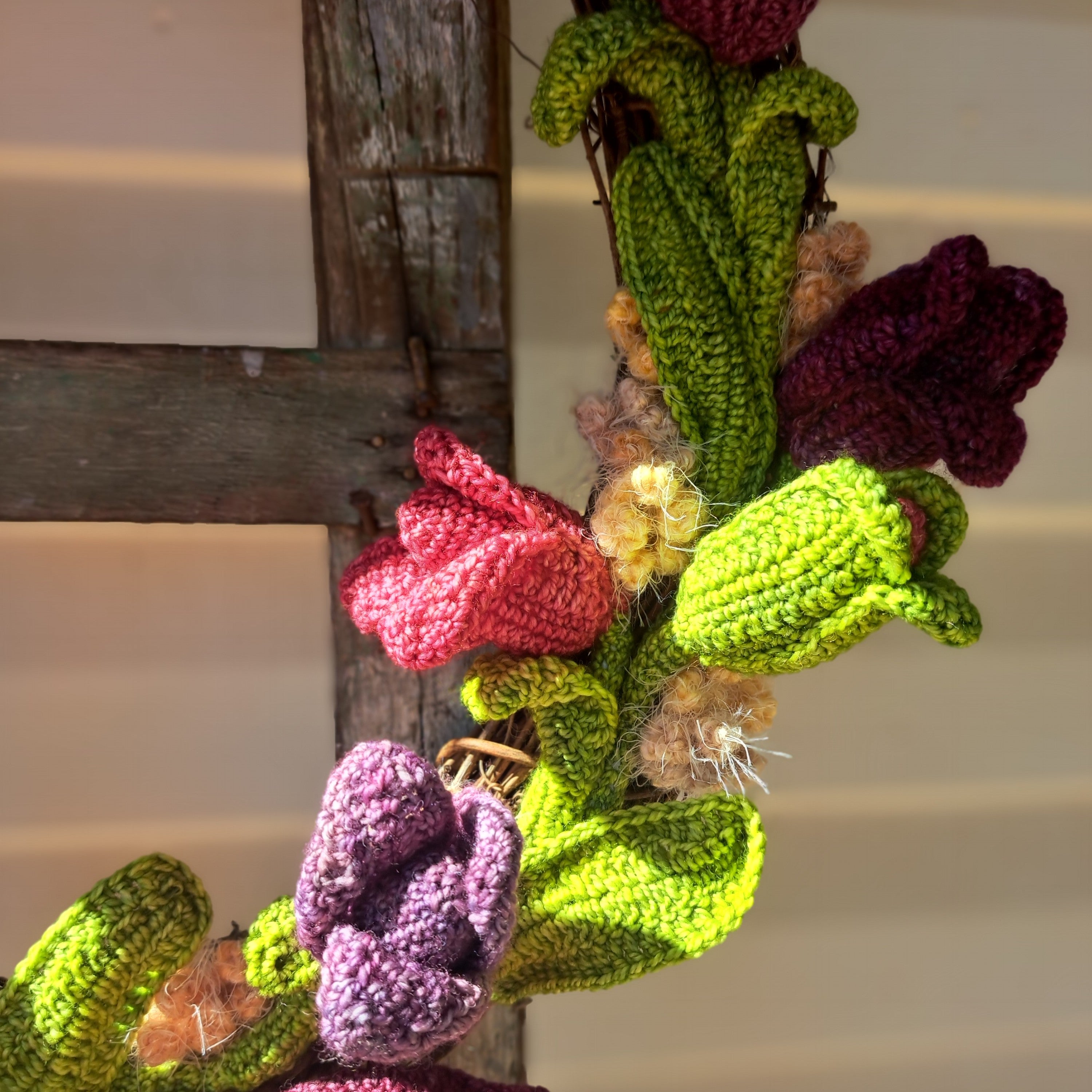 Handmade crochet tulip wreath pinks purples
