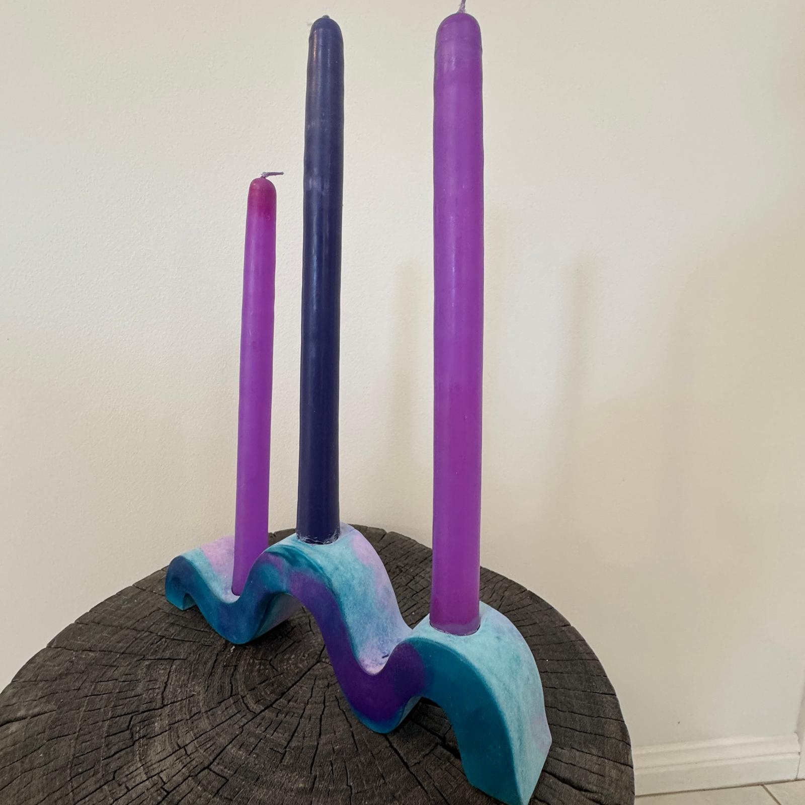 Indigo blue and purple wavy concrete holder for taper candles