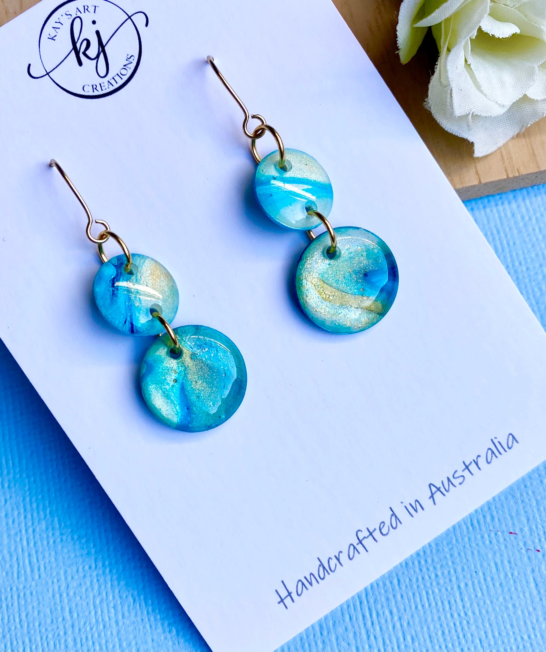 Turquoise and Gold Painted Dangle Earrings
