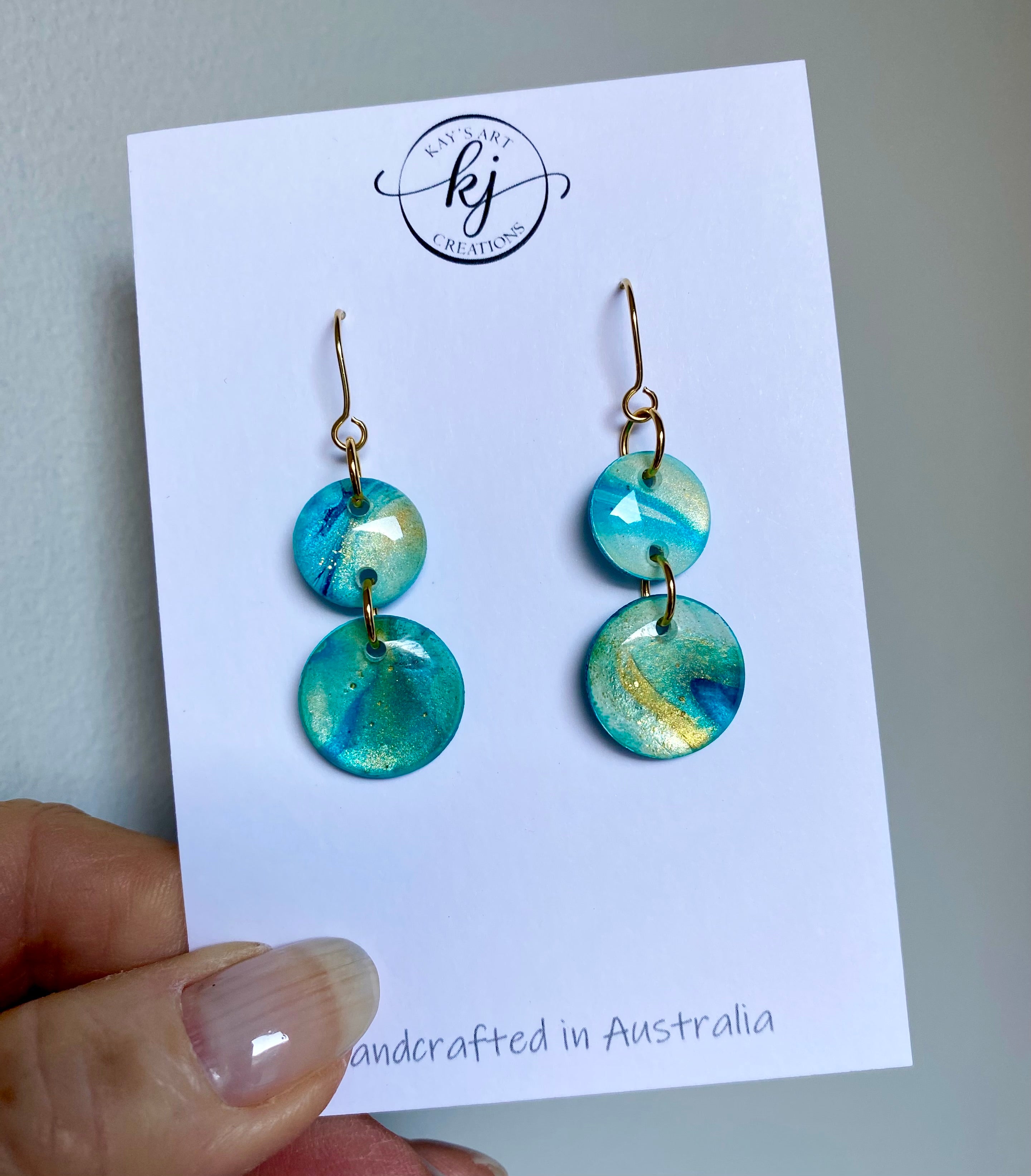 Turquoise and Gold Painted Dangle Earrings