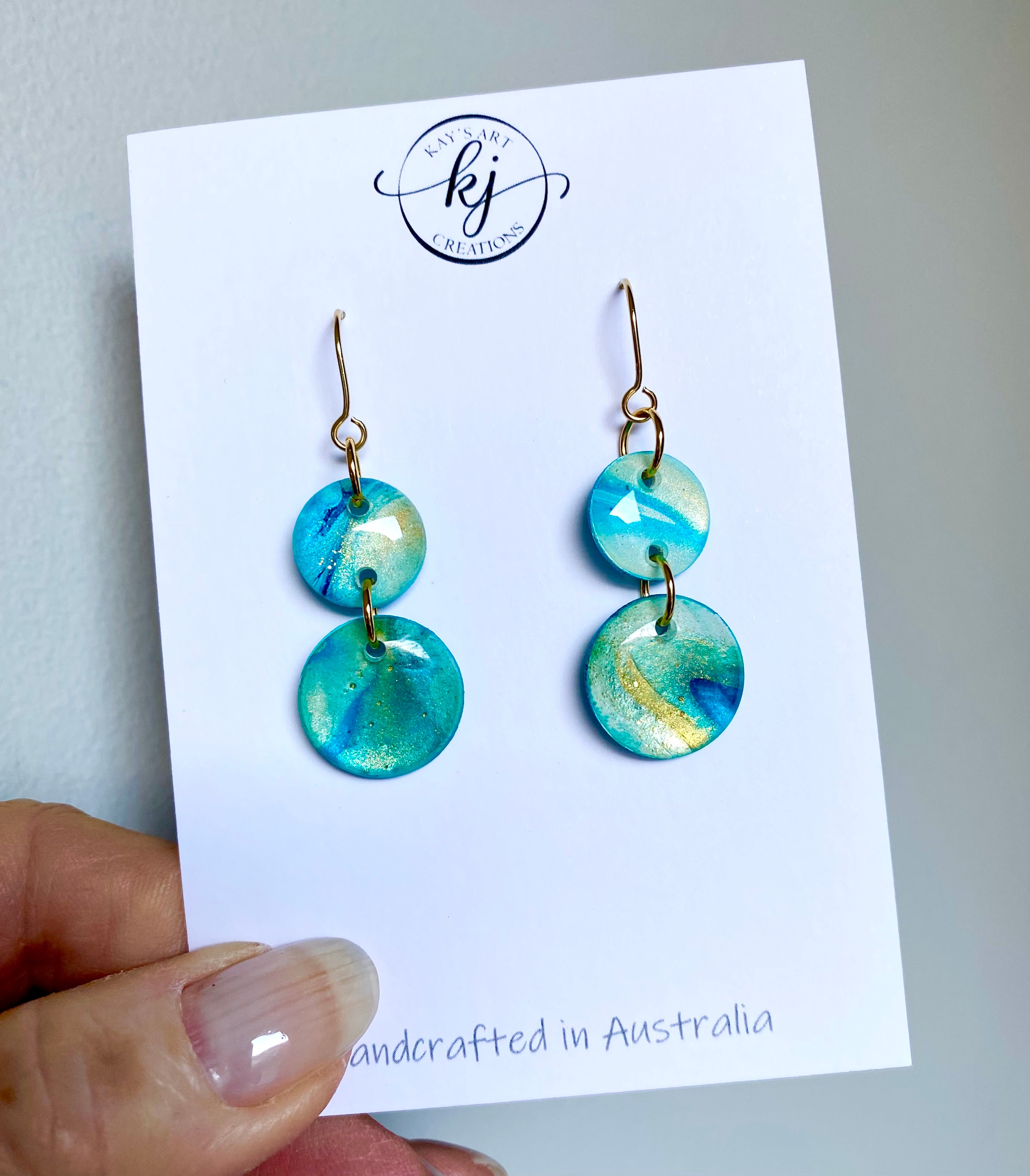 Turquoise and Gold Painted Dangle Earrings