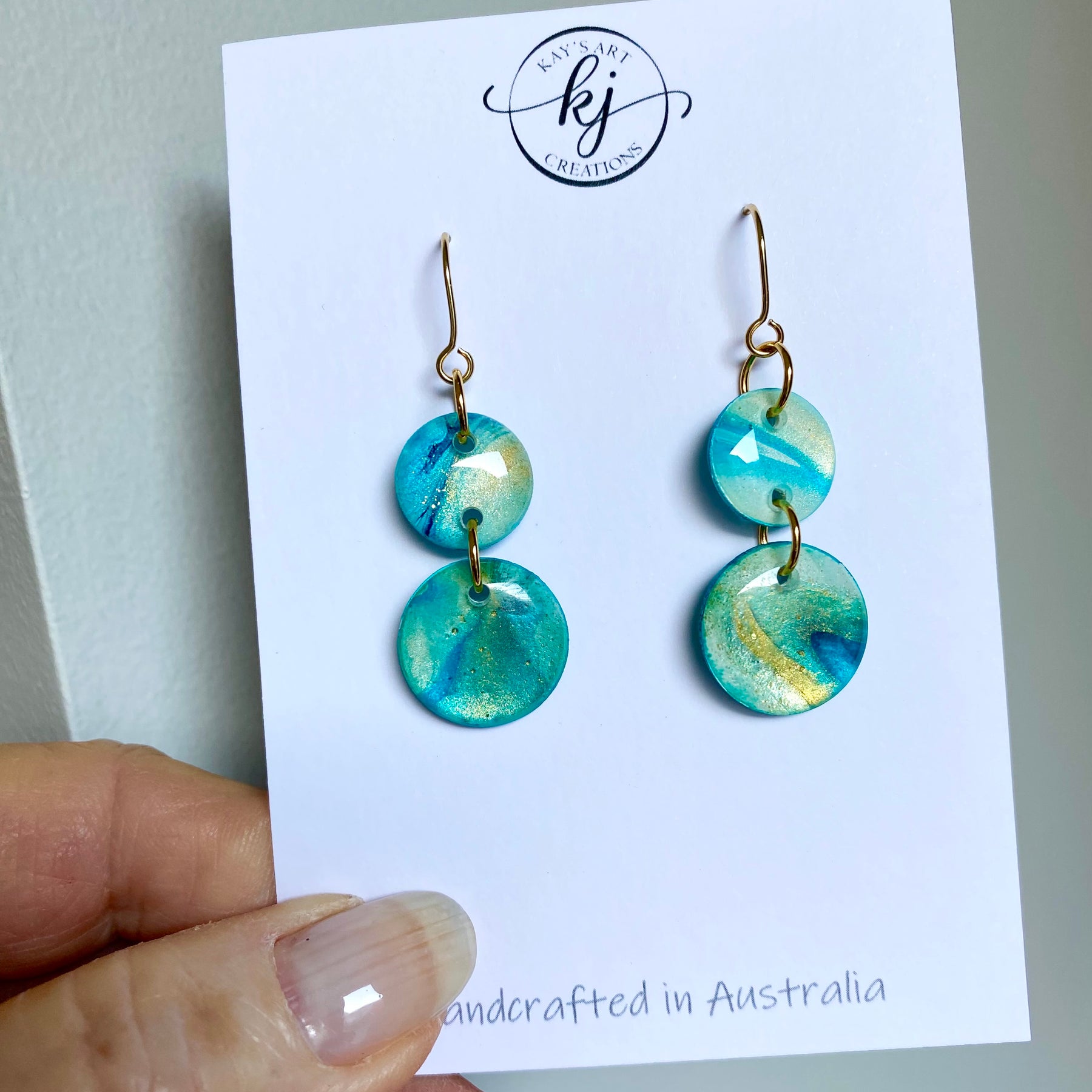 Turquoise and Gold Painted Dangle Earrings