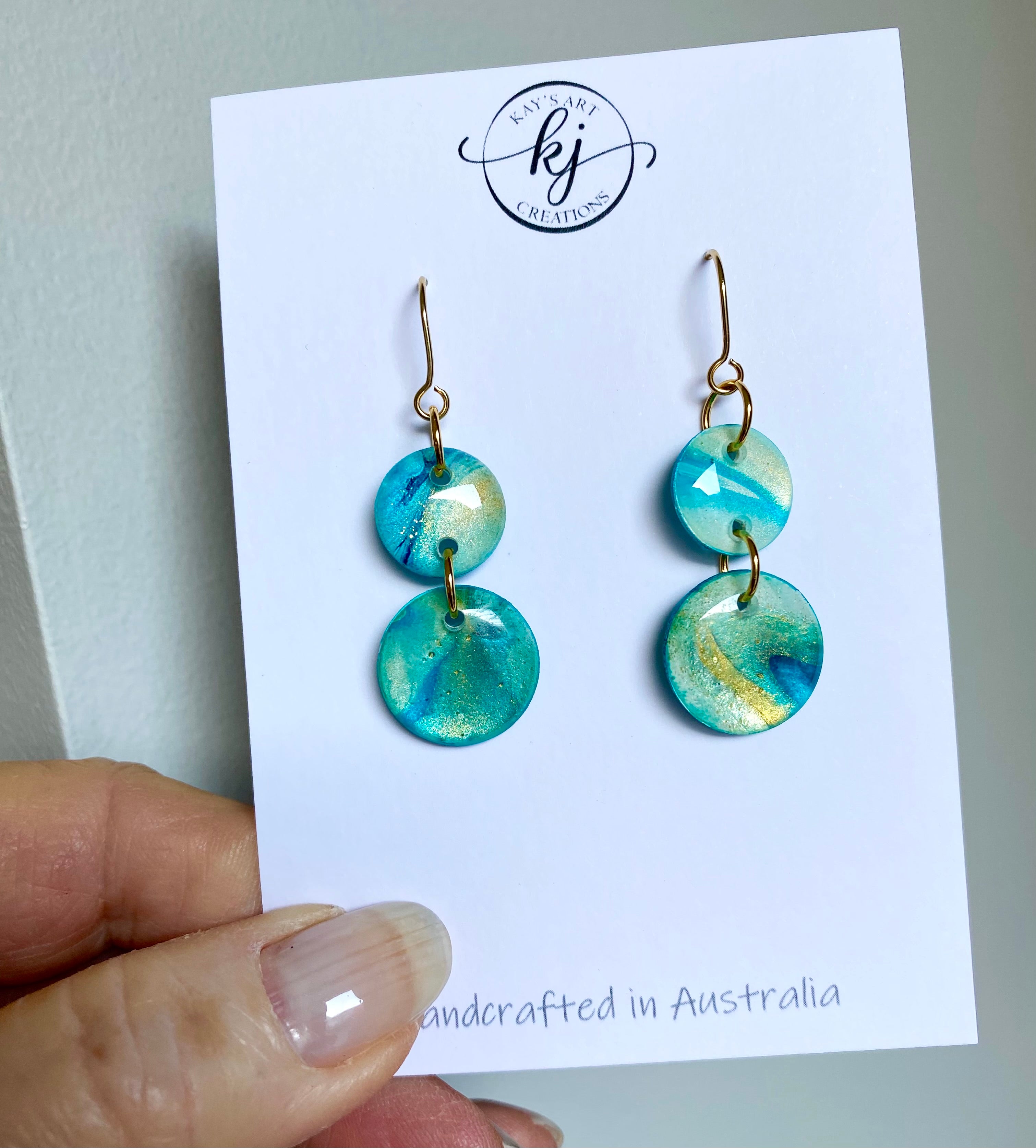 Turquoise and Gold Painted Dangle Earrings