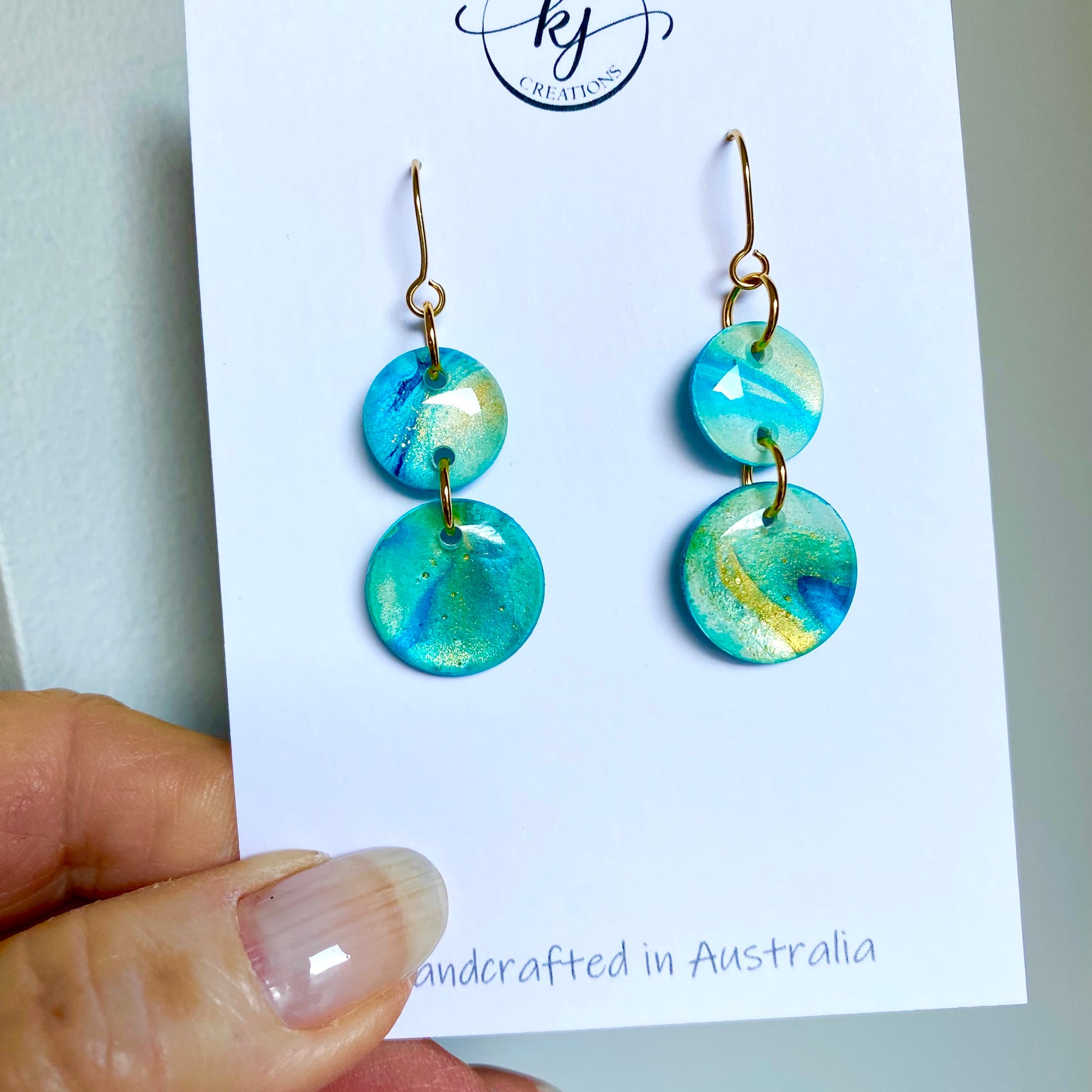 Turquoise and Gold Painted Dangle Earrings