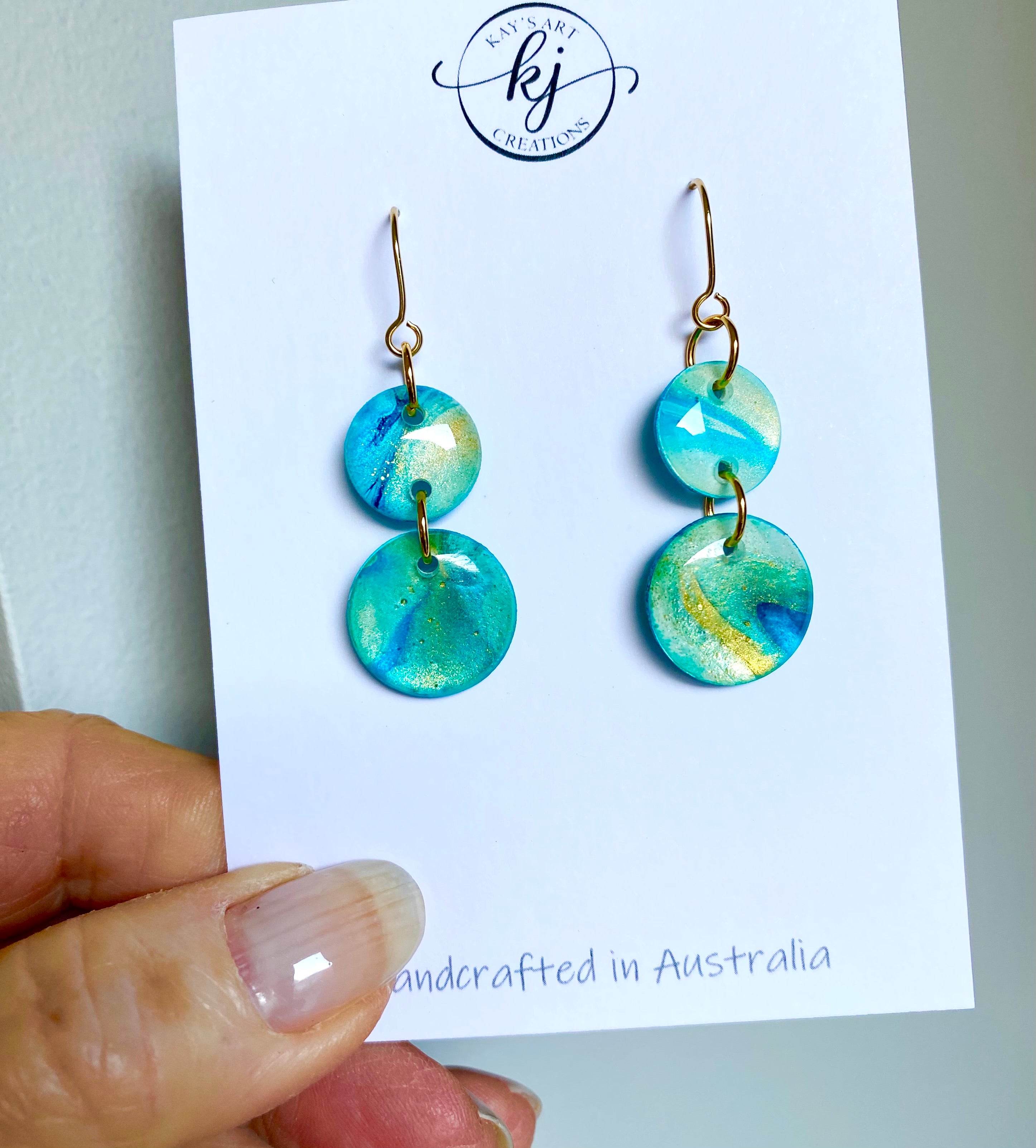 Turquoise and Gold Painted Dangle Earrings