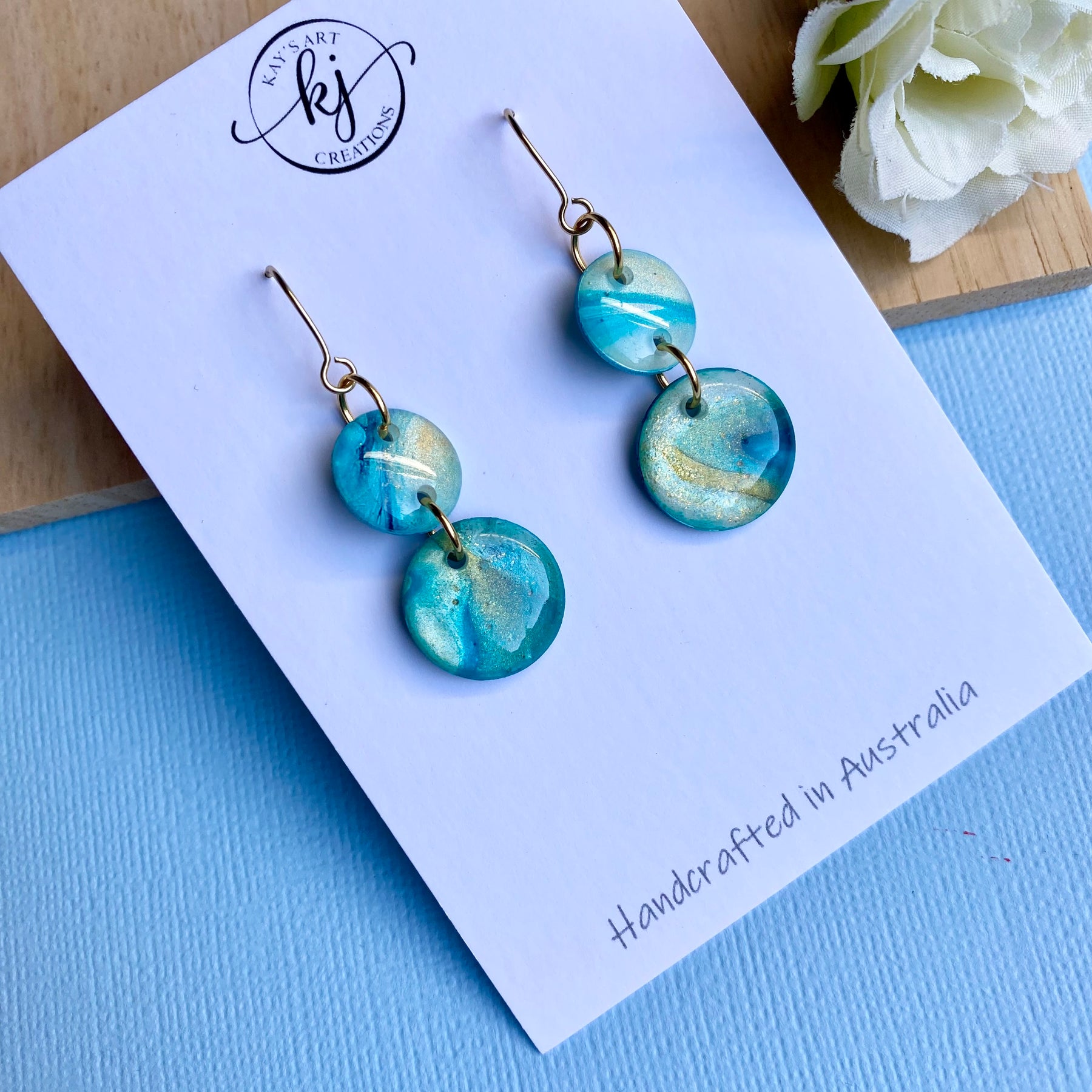 Turquoise and Gold Painted Dangle Earrings