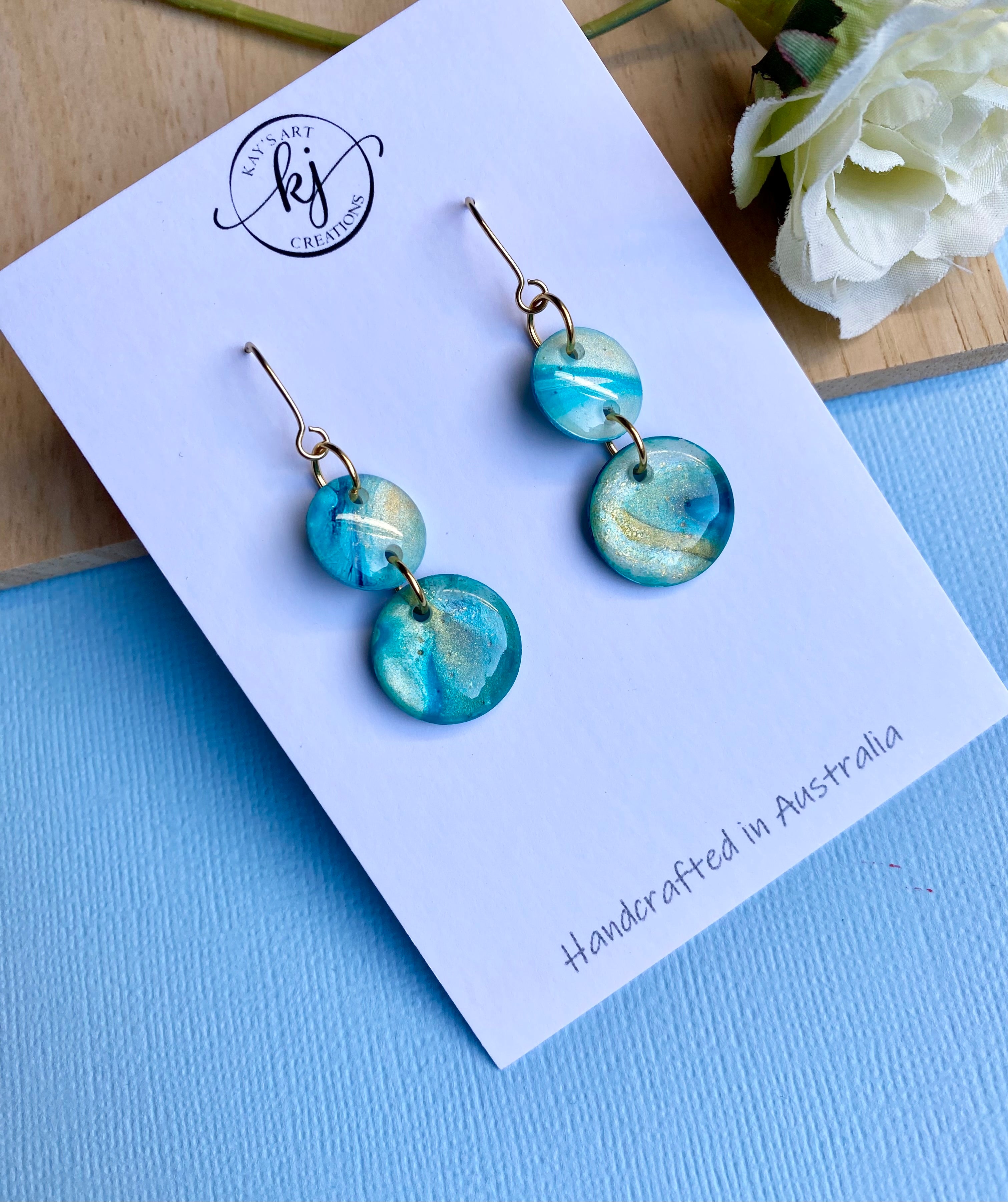 Turquoise and Gold Painted Dangle Earrings