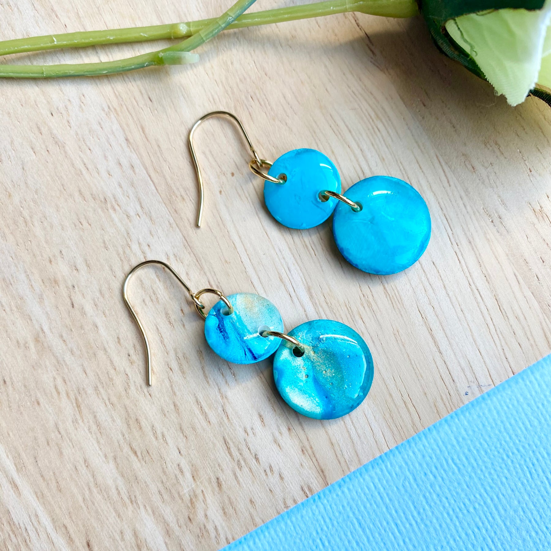 Turquoise and Gold Painted Dangle Earrings