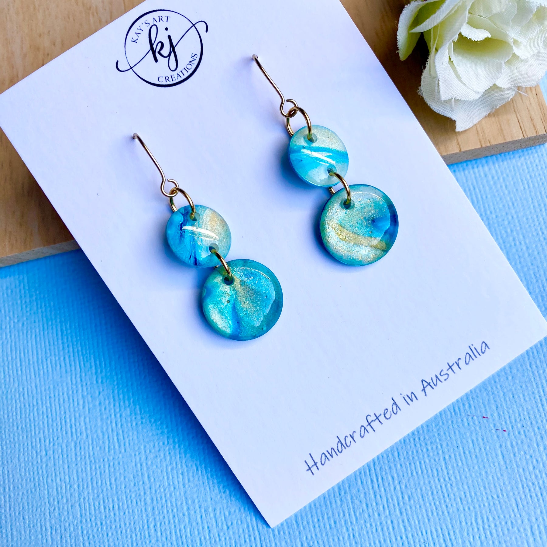 Turquoise and Gold Painted Dangle Earrings