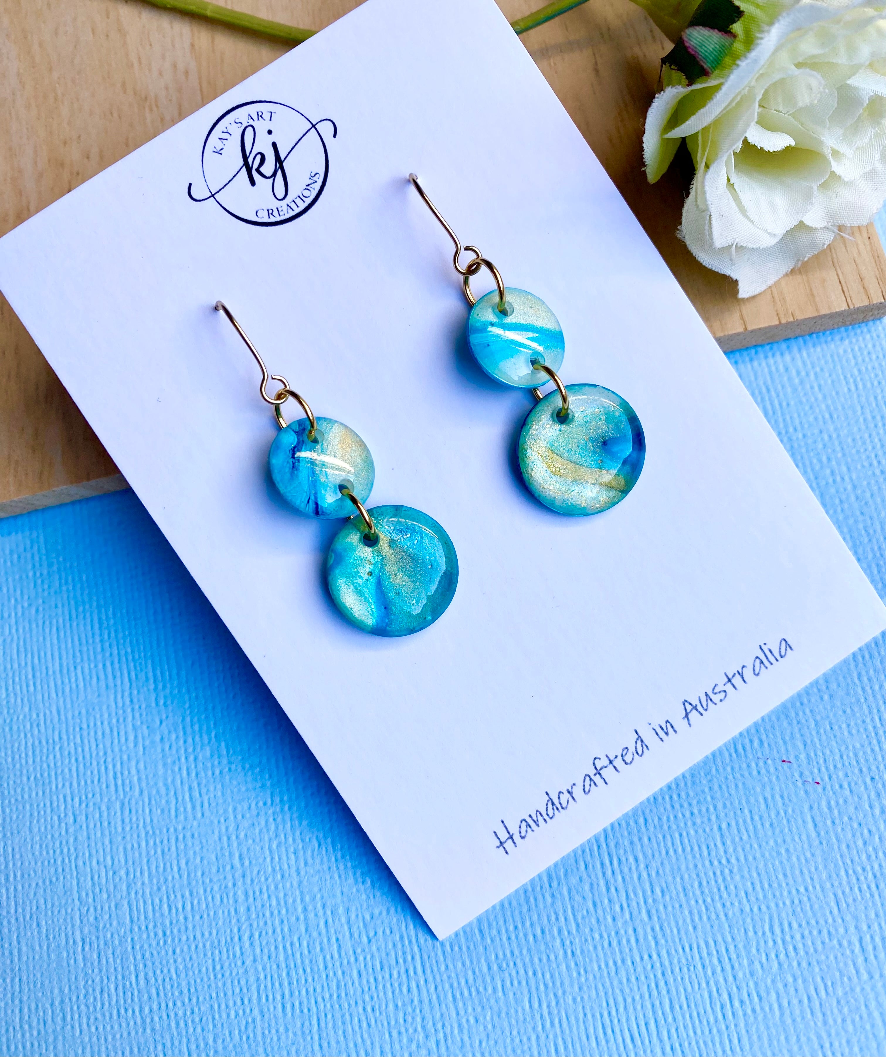Turquoise and Gold Painted Dangle Earrings