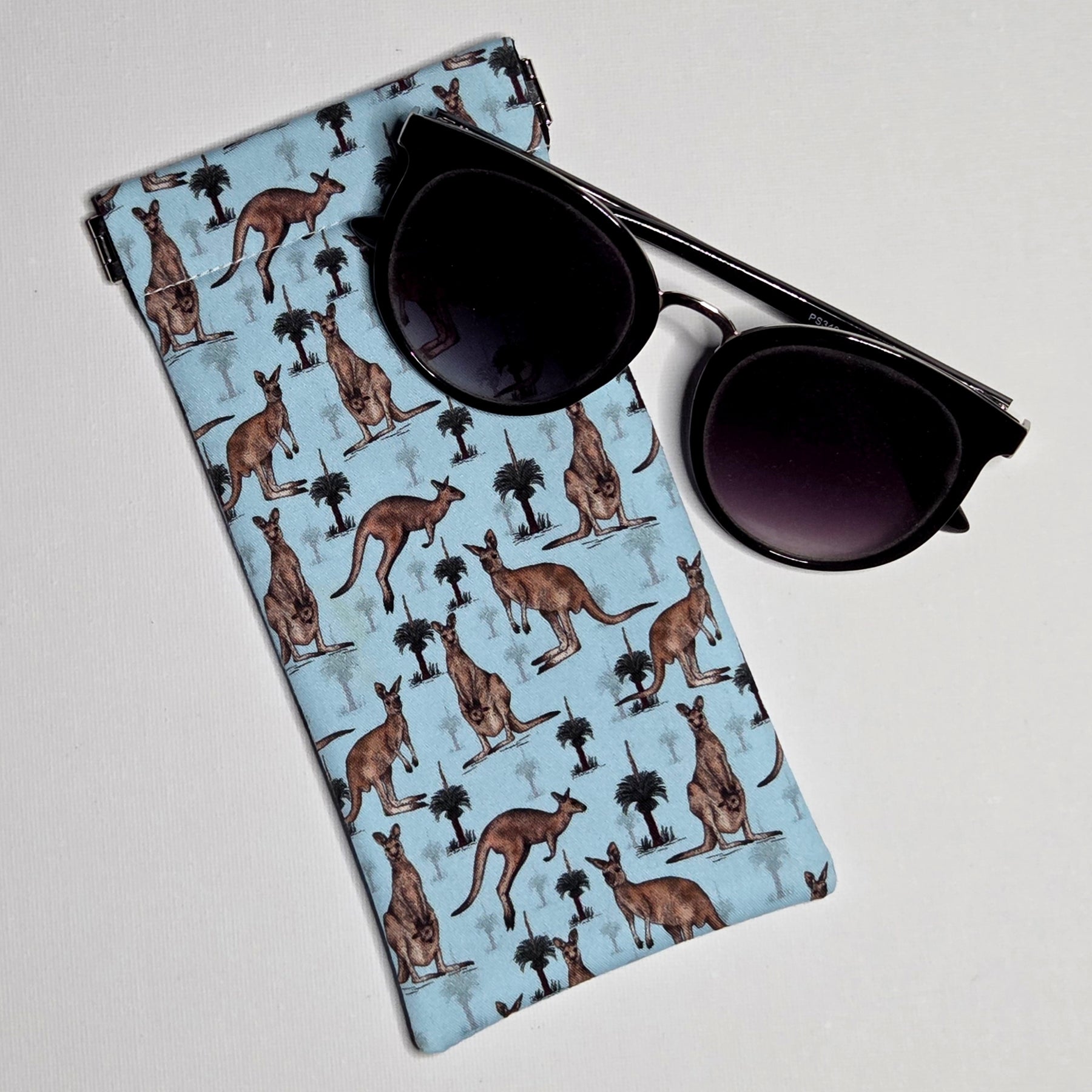 Sunglasses Pouch in Blue fabric with kangaroos