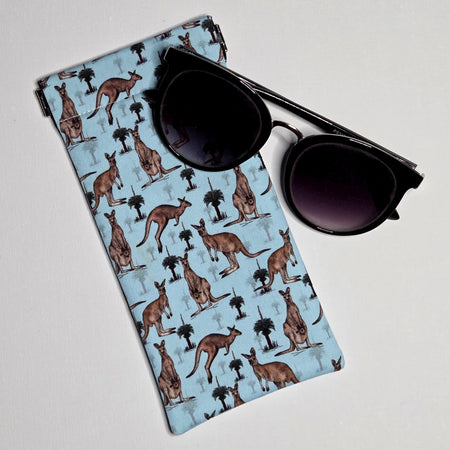 Sunglasses Pouch in Blue fabric with kangaroos