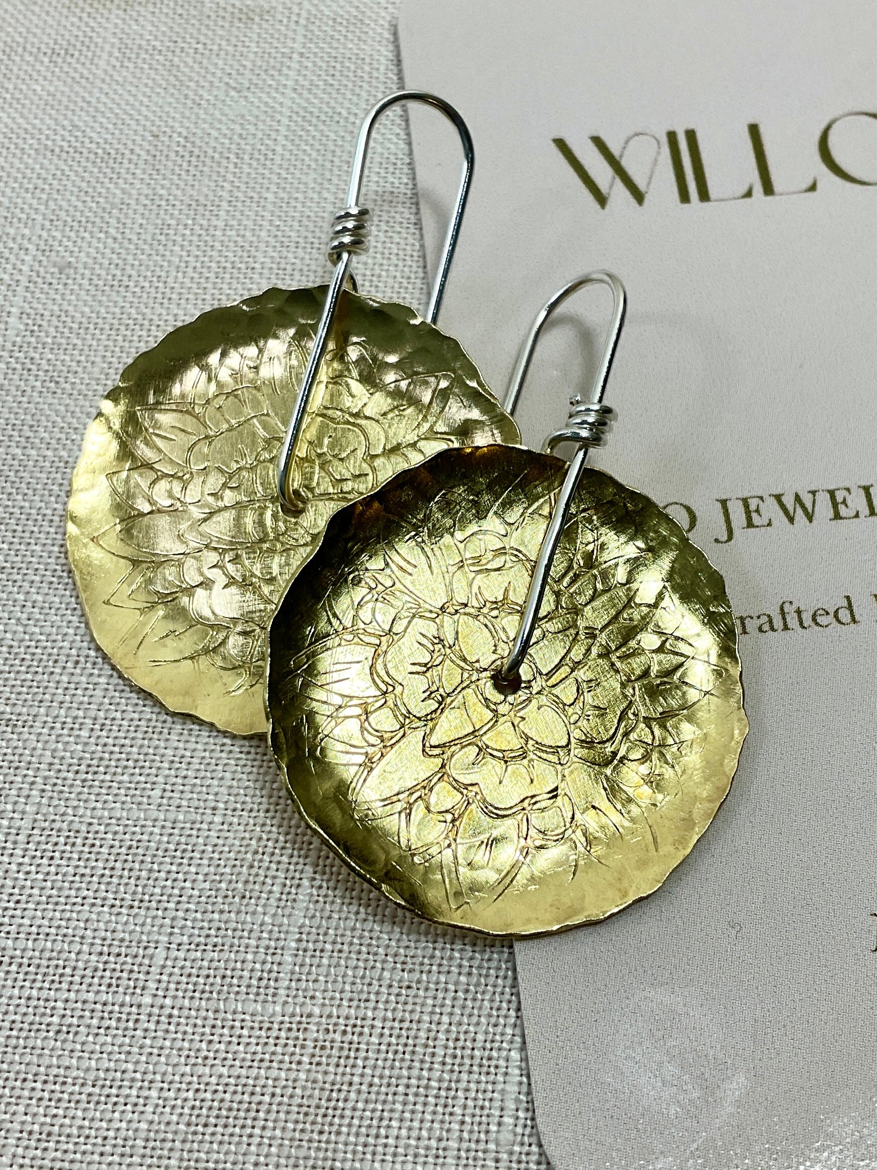 Embossed Brass and argentium silver earrings handmade