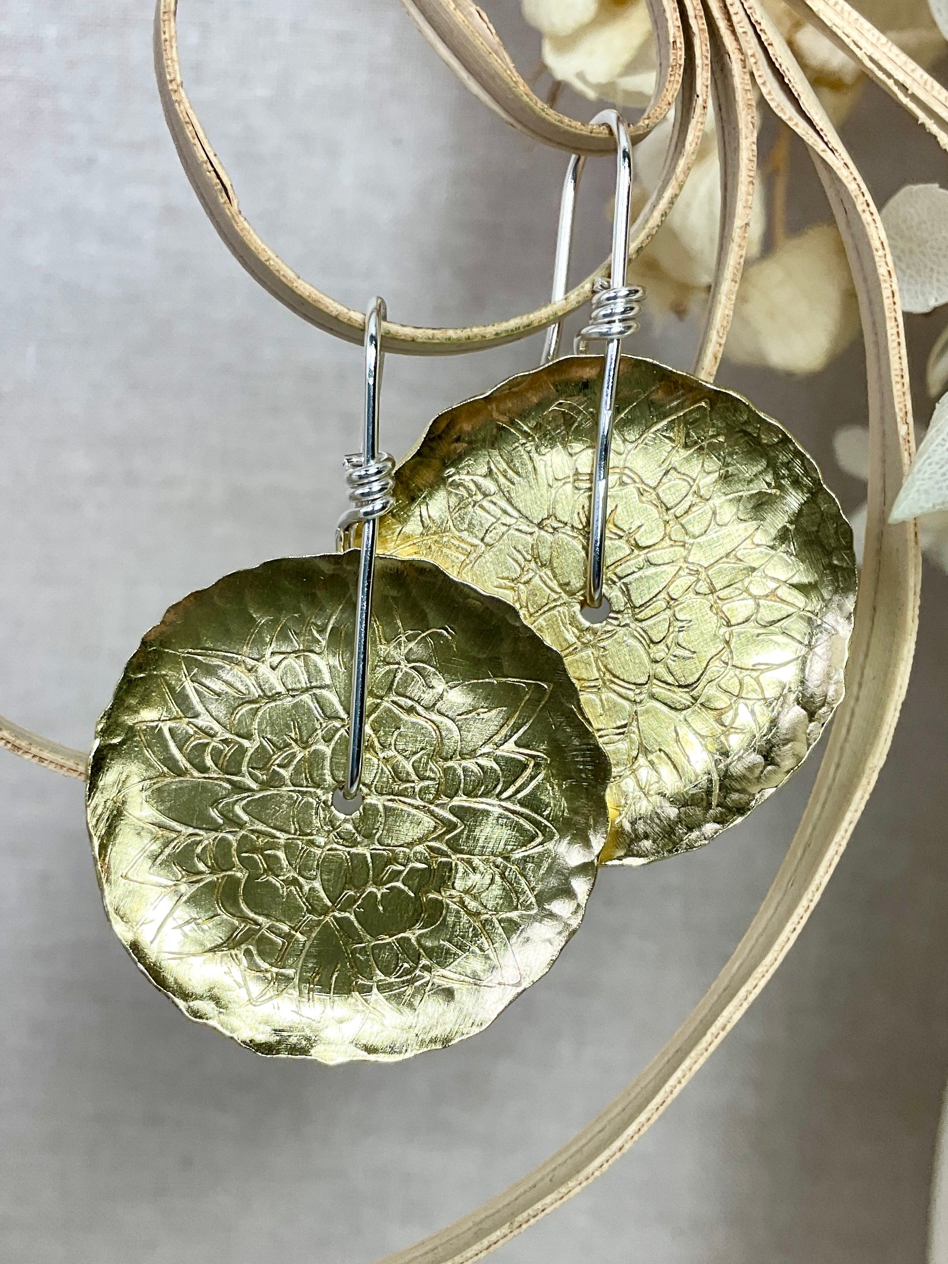 Embossed Brass and argentium silver earrings handmade