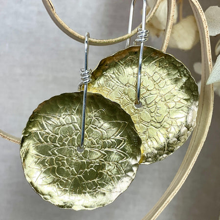 Embossed Brass and argentium silver earrings handmade