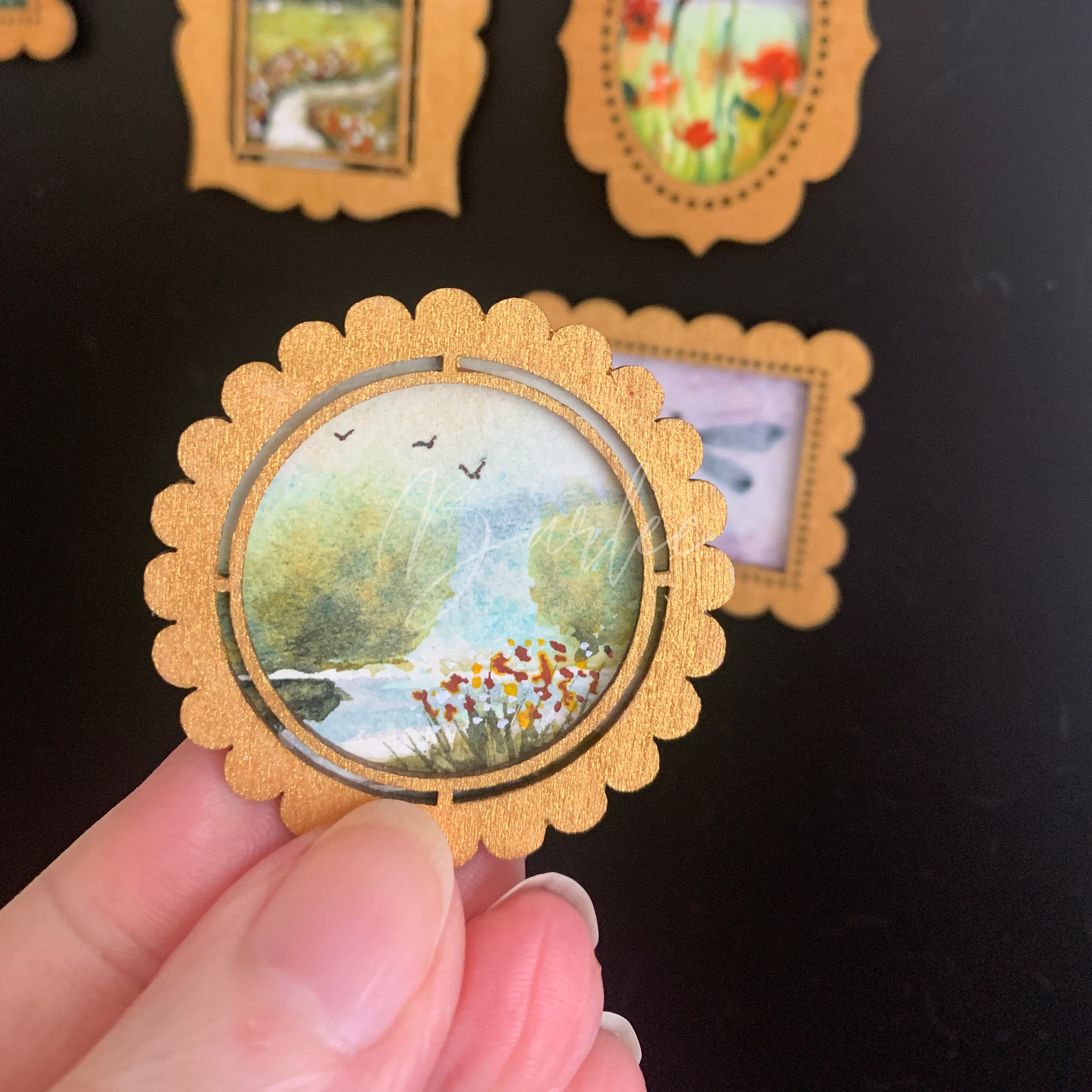 Hand Painted Fridge Magnet Set - 4 Framed Mini Paintings