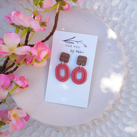 Red dangle earrings with natural wood stud