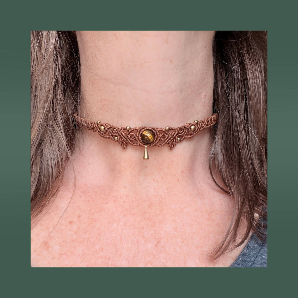 Macrame Filigree Choker with focal gemstone and solid brass drop.